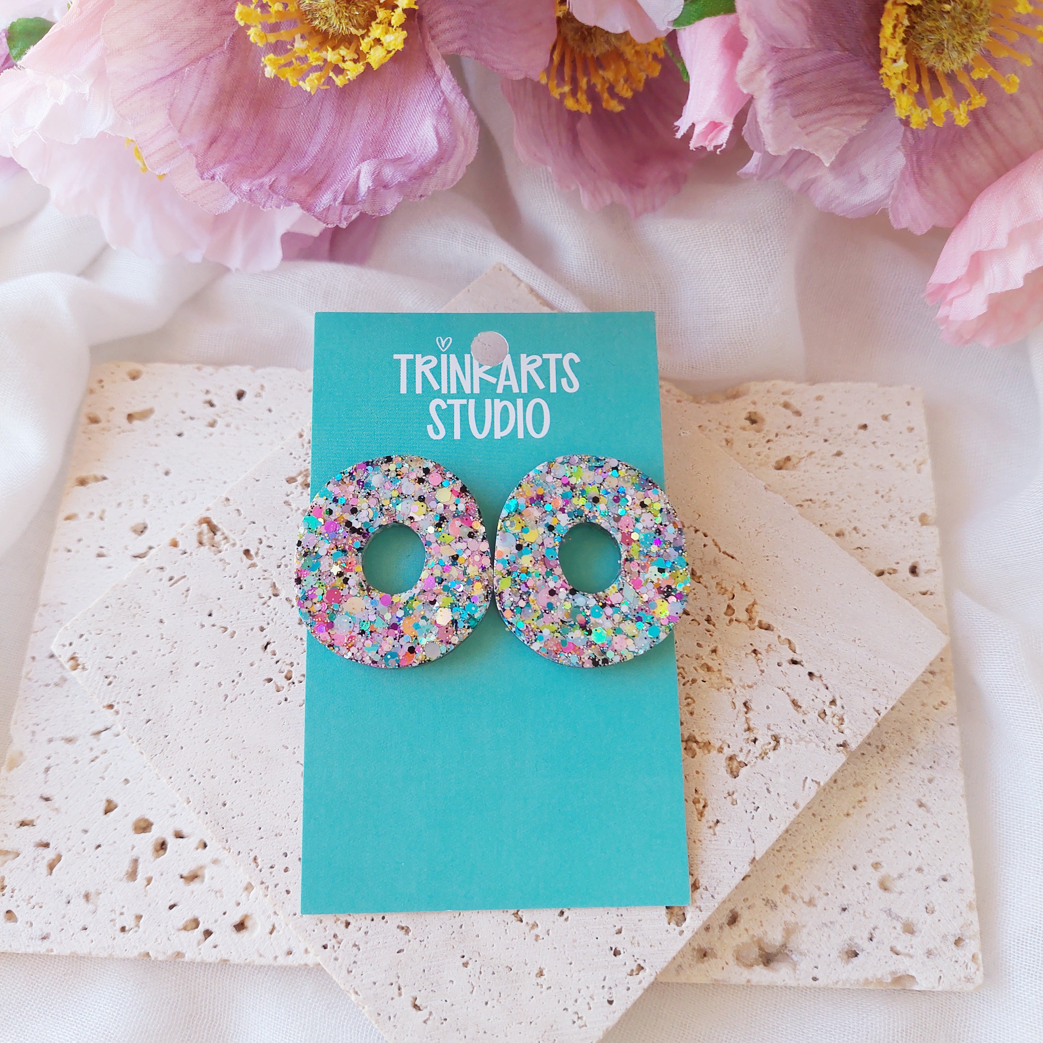 Pastel Glitter Resin Statement Dangle Stud Earrings
