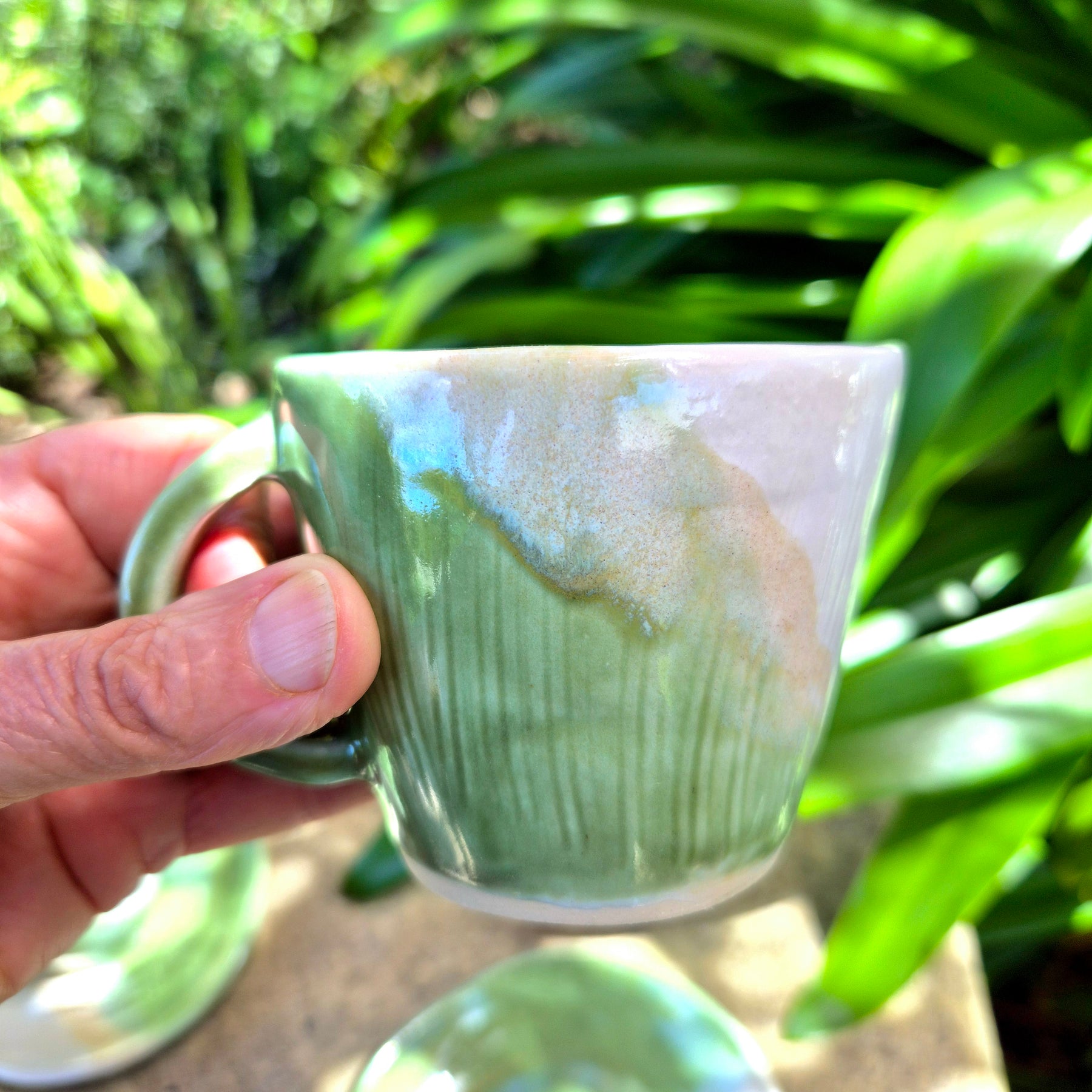 Handmade Ceramic Cup and Side Plate - Sage Green and White