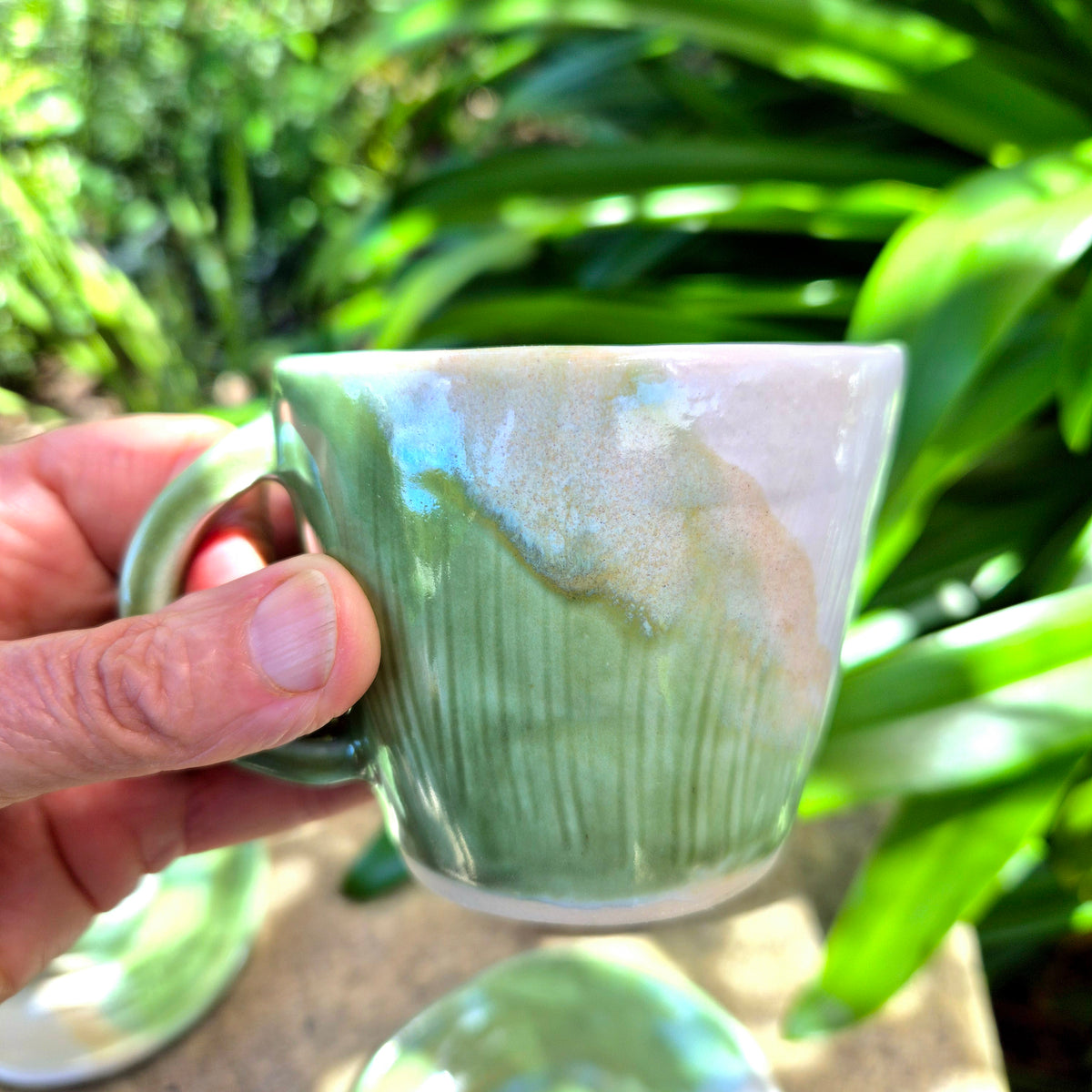 Handmade Ceramic Cup and Side Plate - Sage Green and White