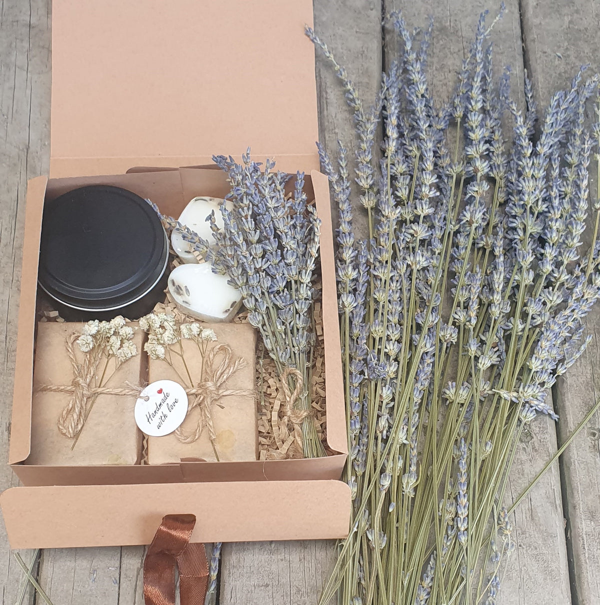 Goat Milk Soap Soy Candle Gift Set: Custom Scents, Face Towel or Dried Lavender Bundle.