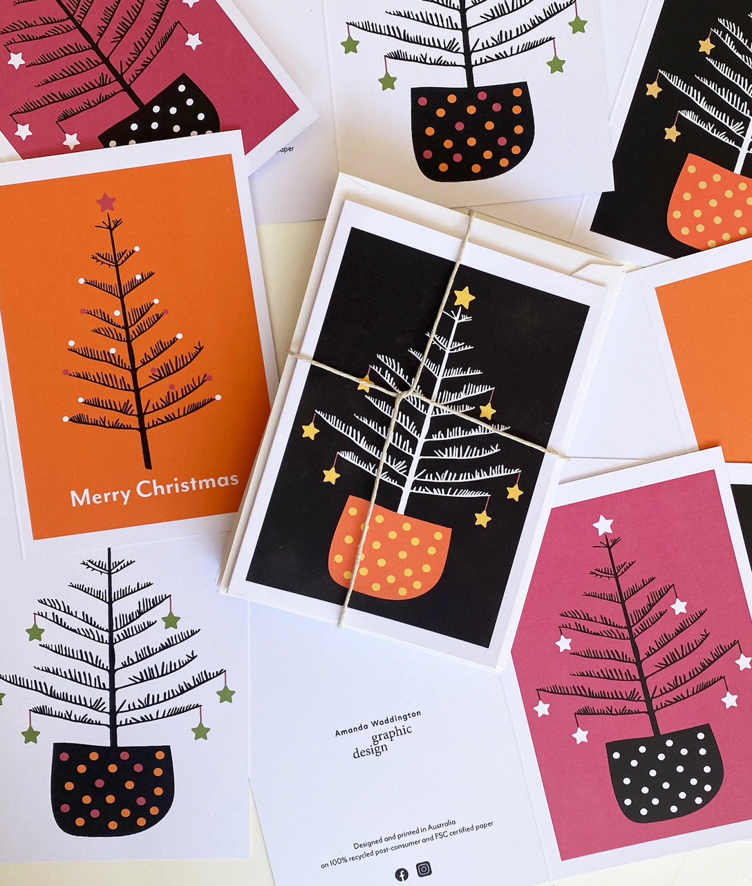 4 pack Norfolk Pine Christmas Cards: Festive Holiday Card Set, Recycled Paper.