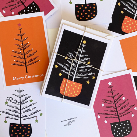 4 pack Norfolk Pine Christmas Cards: Festive Holiday Card Set, Recycled Paper.
