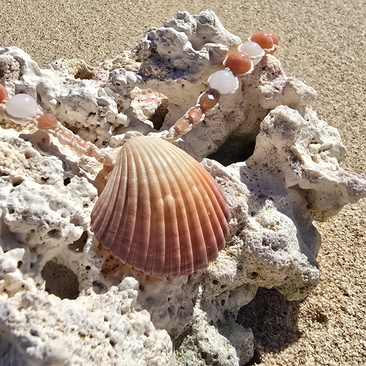 Scallop Shell Necklace with Peach Calcite, Rose Quartz, Sunstone