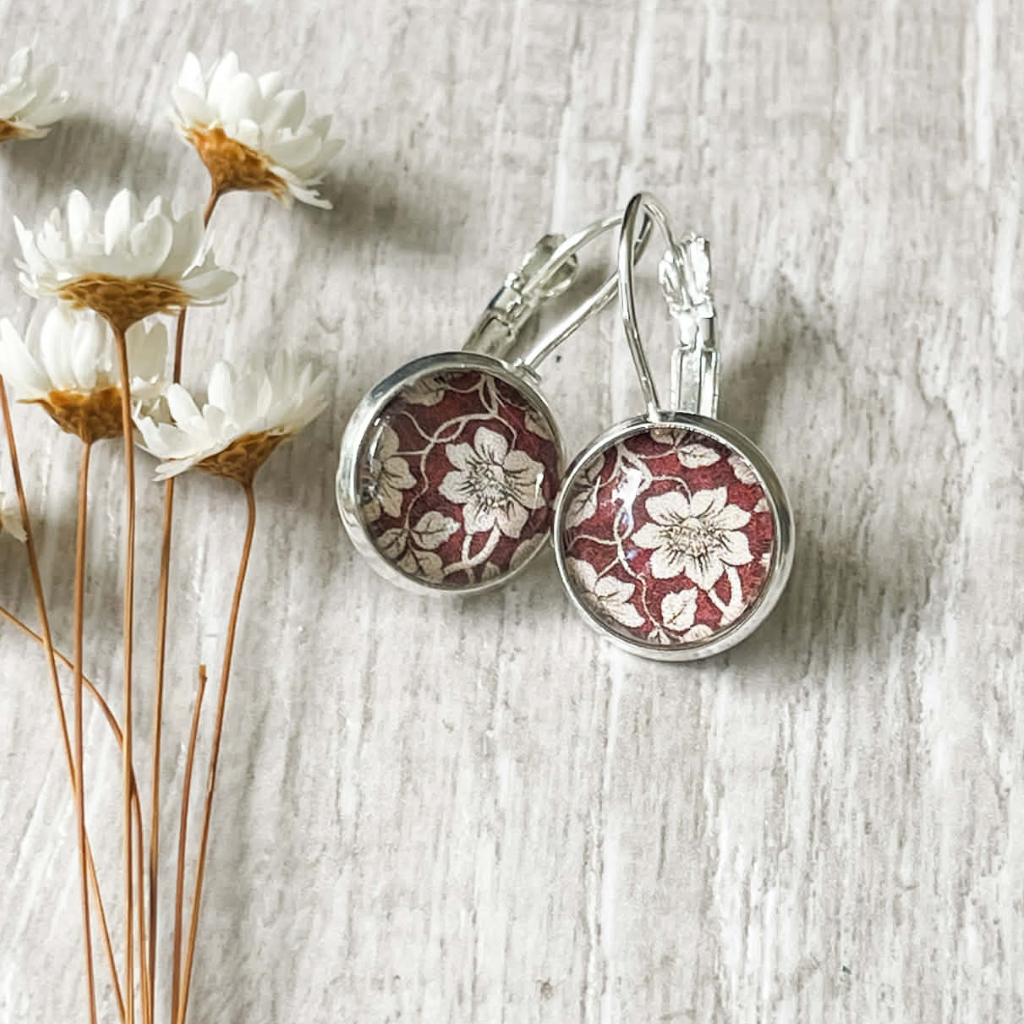 Maroon Red Flower Earrings • Choose Hooks, Levers, Studs or Clip-ons