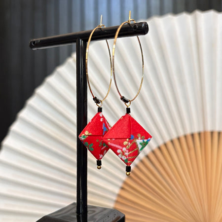 Origami Hoop Earrings – Red with Summer Florals – Japanese Yuzen Chiyogami