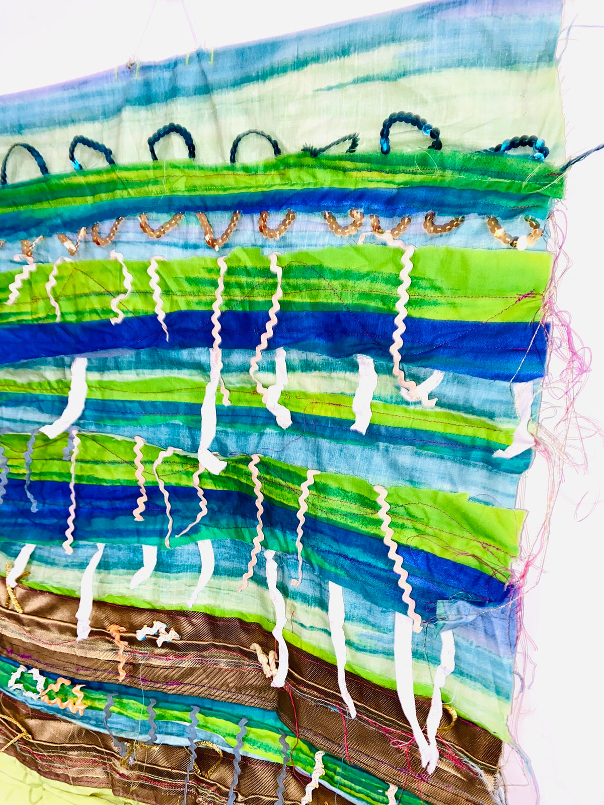 Green, Blue and Gold textile wall hanging