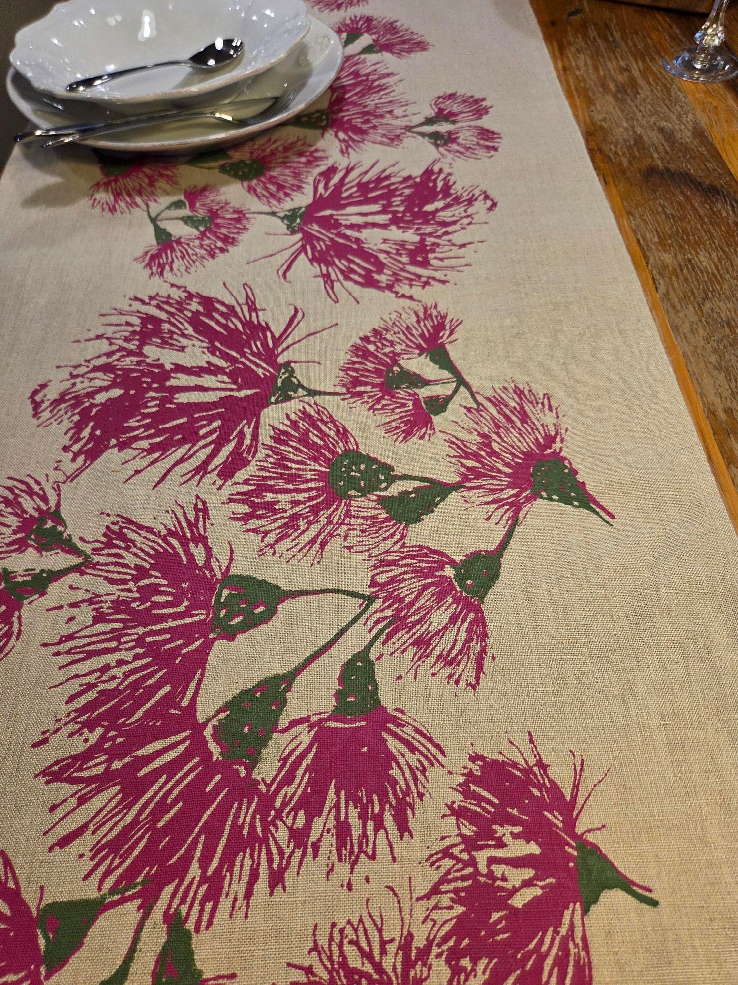 Hand Screen Printed Linen Table Runners-Eucalypt Festive Blossoms