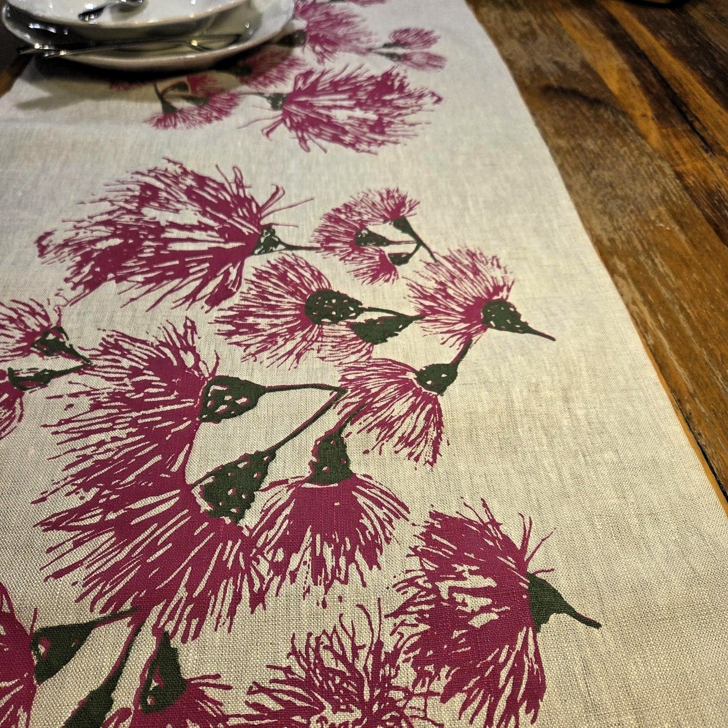 Hand Screen Printed Linen Table Runners-Eucalypt Festive Blossoms