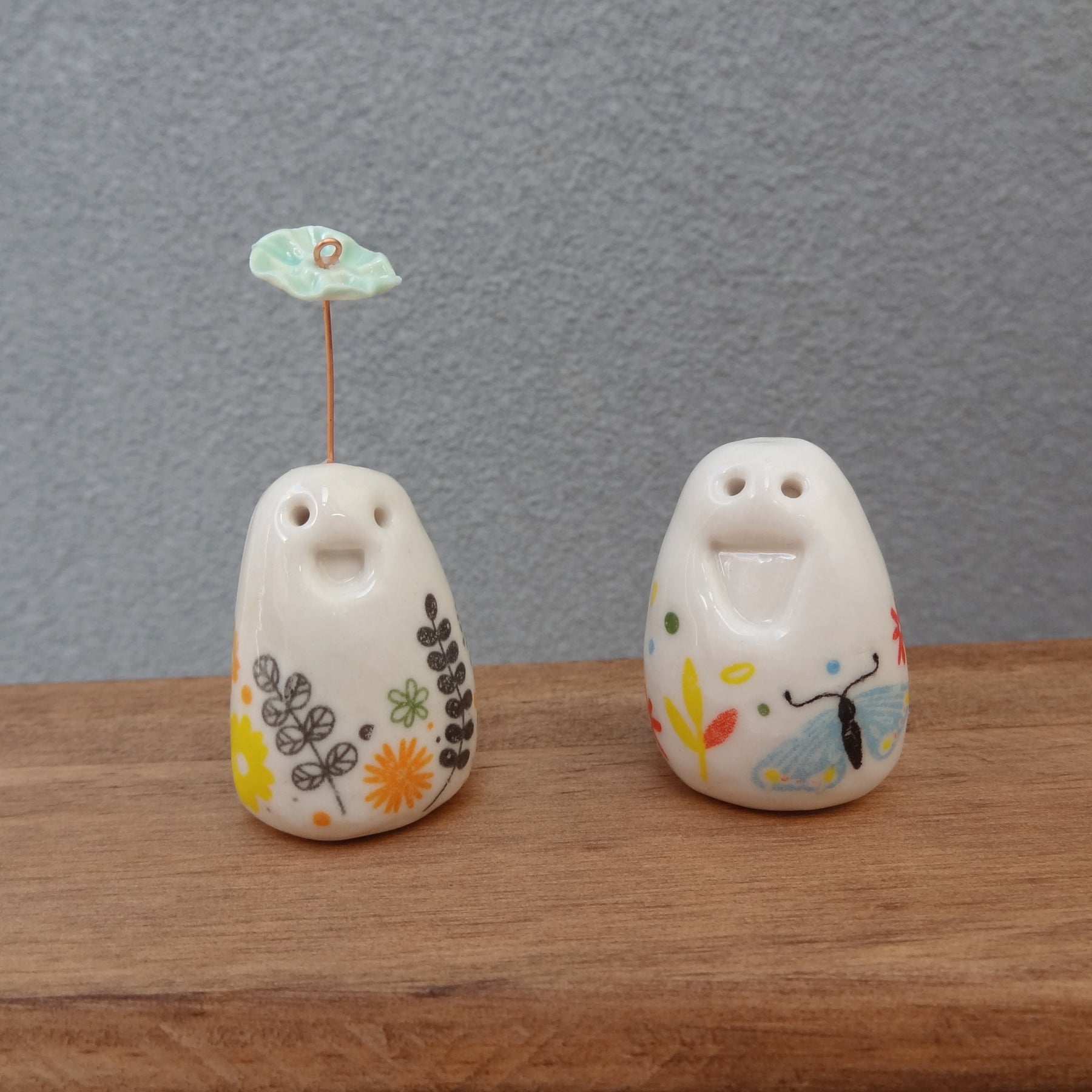 Set of 2 miniature ceramic pebble pets. Collectable tiny ceramic pottery stone friends. Handmade Whimsical Shelf or desk decor