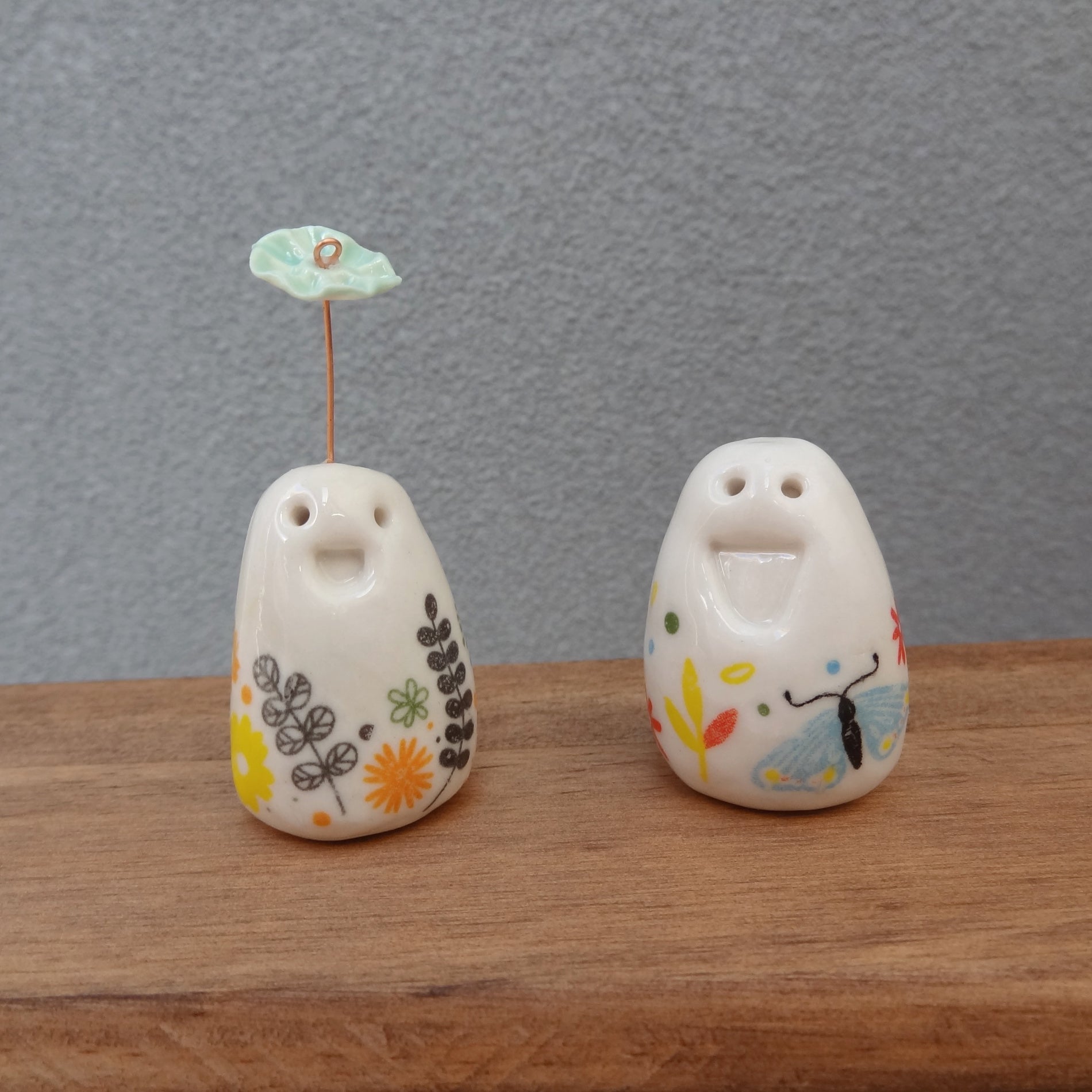 Set of 2 miniature ceramic pebble pets. Collectable tiny ceramic pottery stone friends. Handmade Whimsical Shelf or desk decor