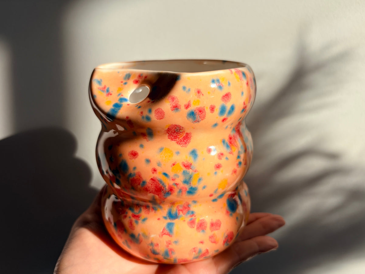 Handcarfted Porcelain Tumbler with Silicon Straw, 600mL Bubble Cup in Peachy Glaze