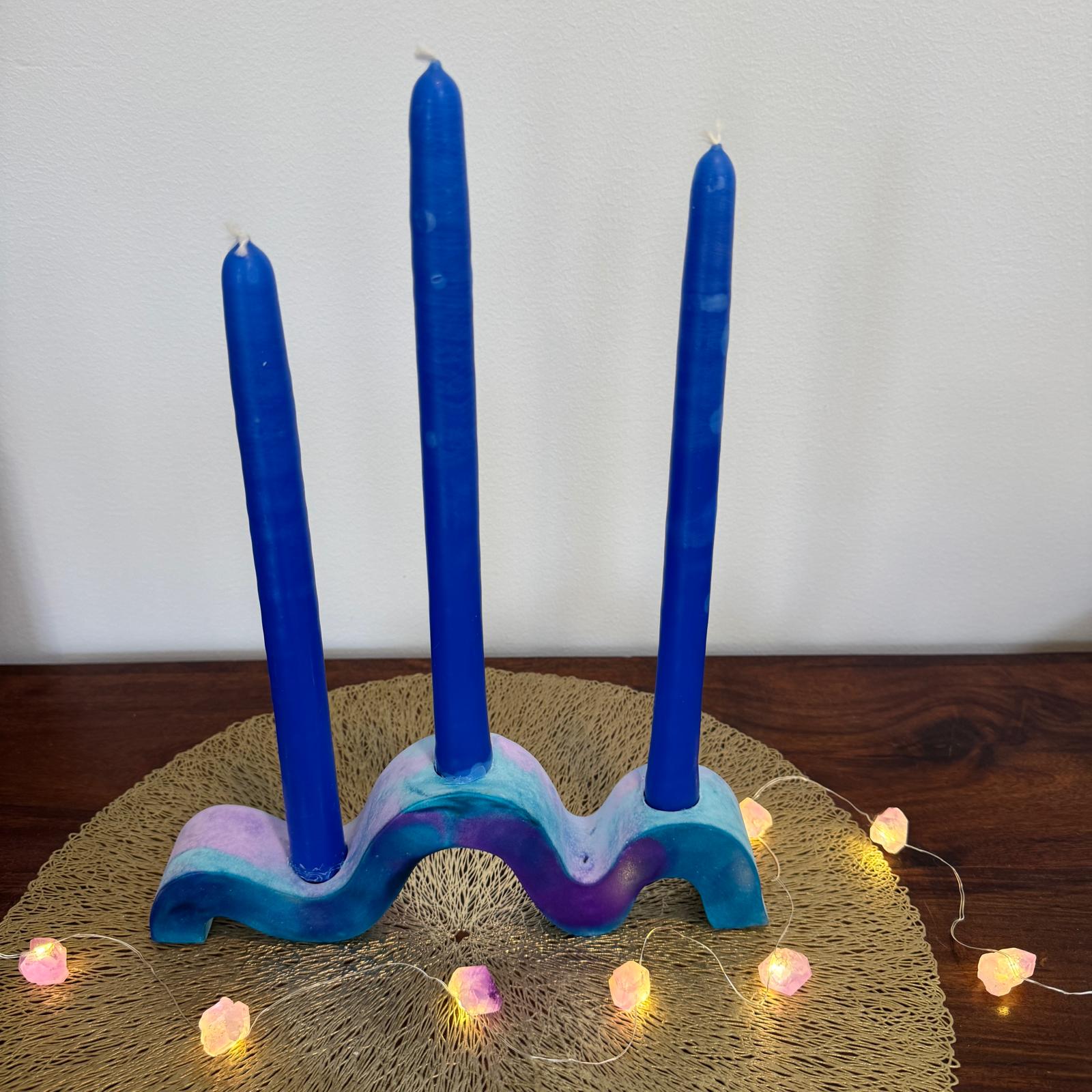 Indigo blue and purple wavy concrete holder for taper candles