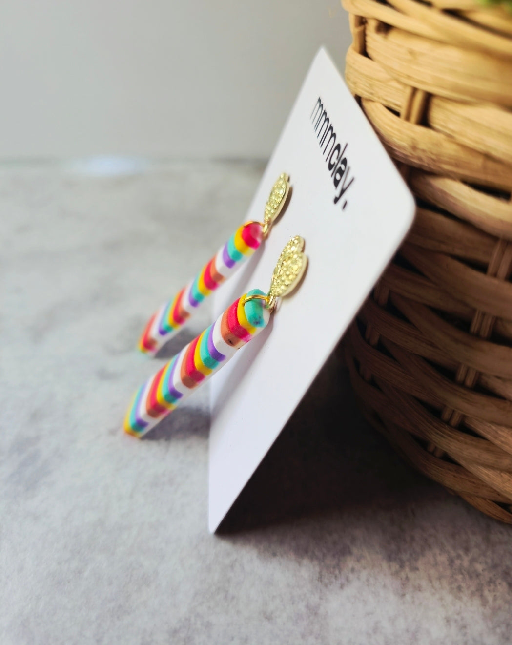 Rainbow Striped Heart Drop Earrings | Handmade Polymer Clay