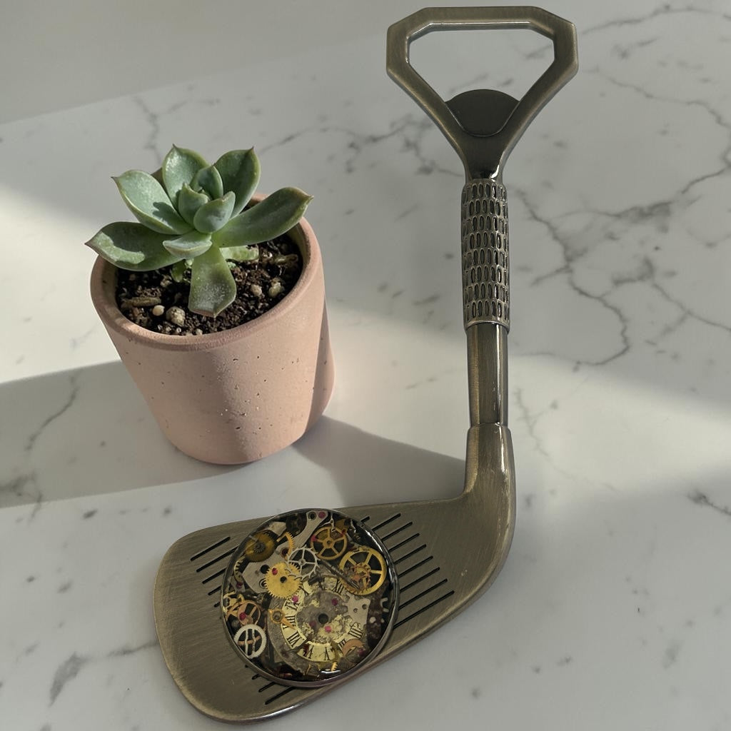 Steampunk watch parts bottle opener (Golf club)