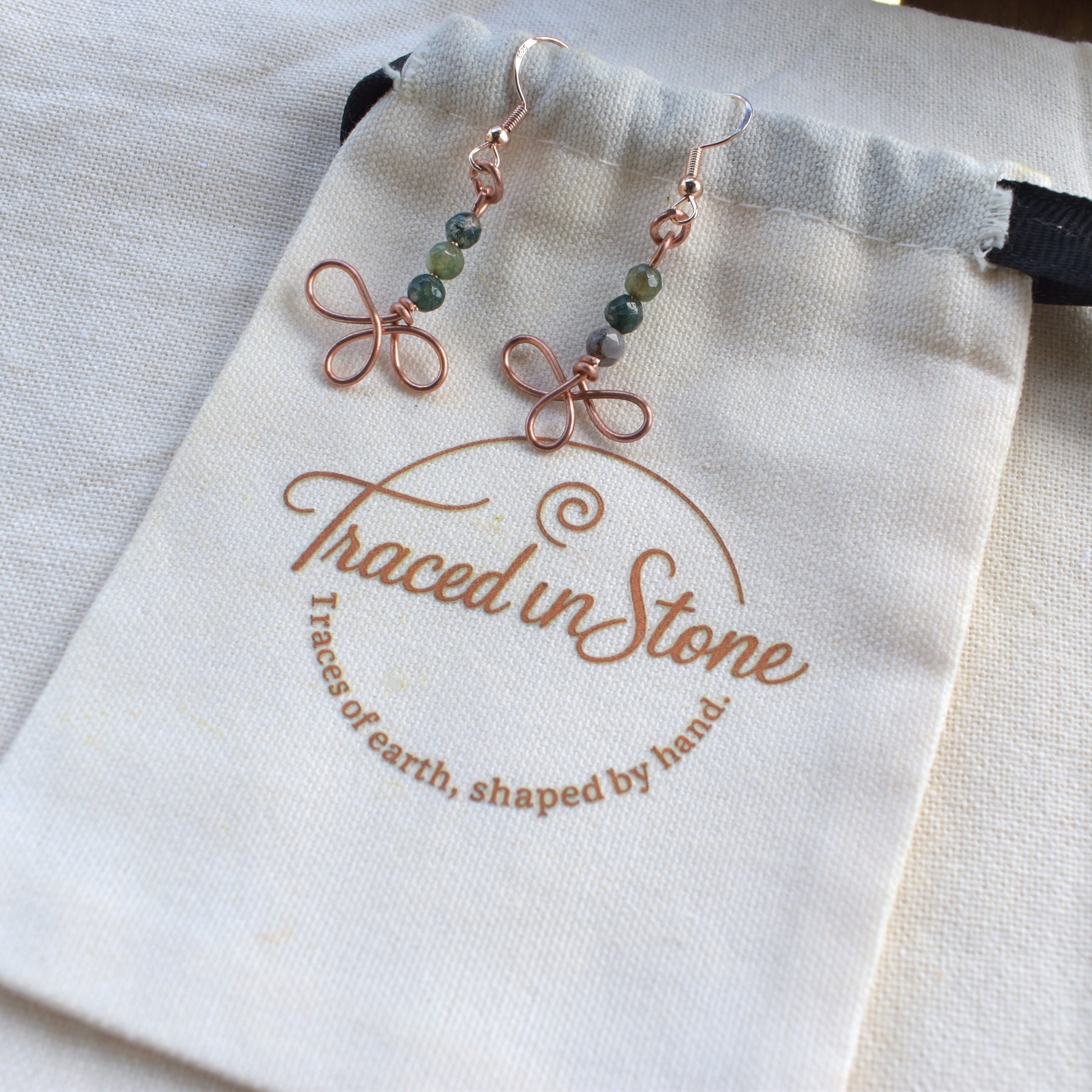 Forest Ribbon - Copper & Moss Agate Earrings