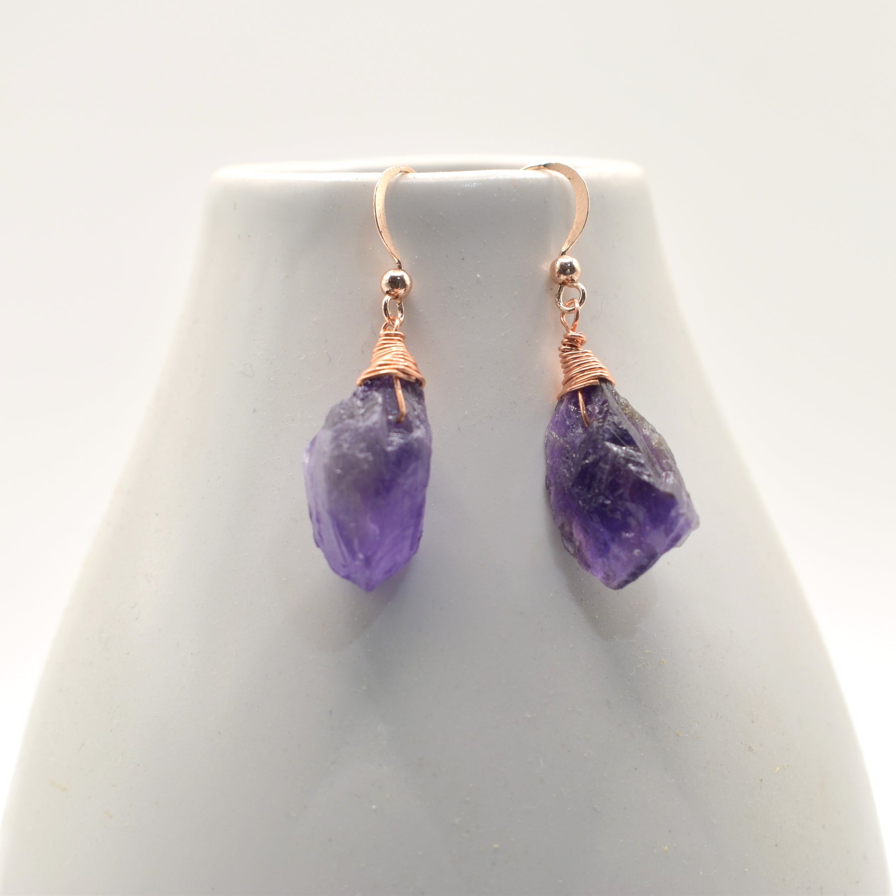 Amara Earrings - Natural Raw Amethyst Wrapped in Copper