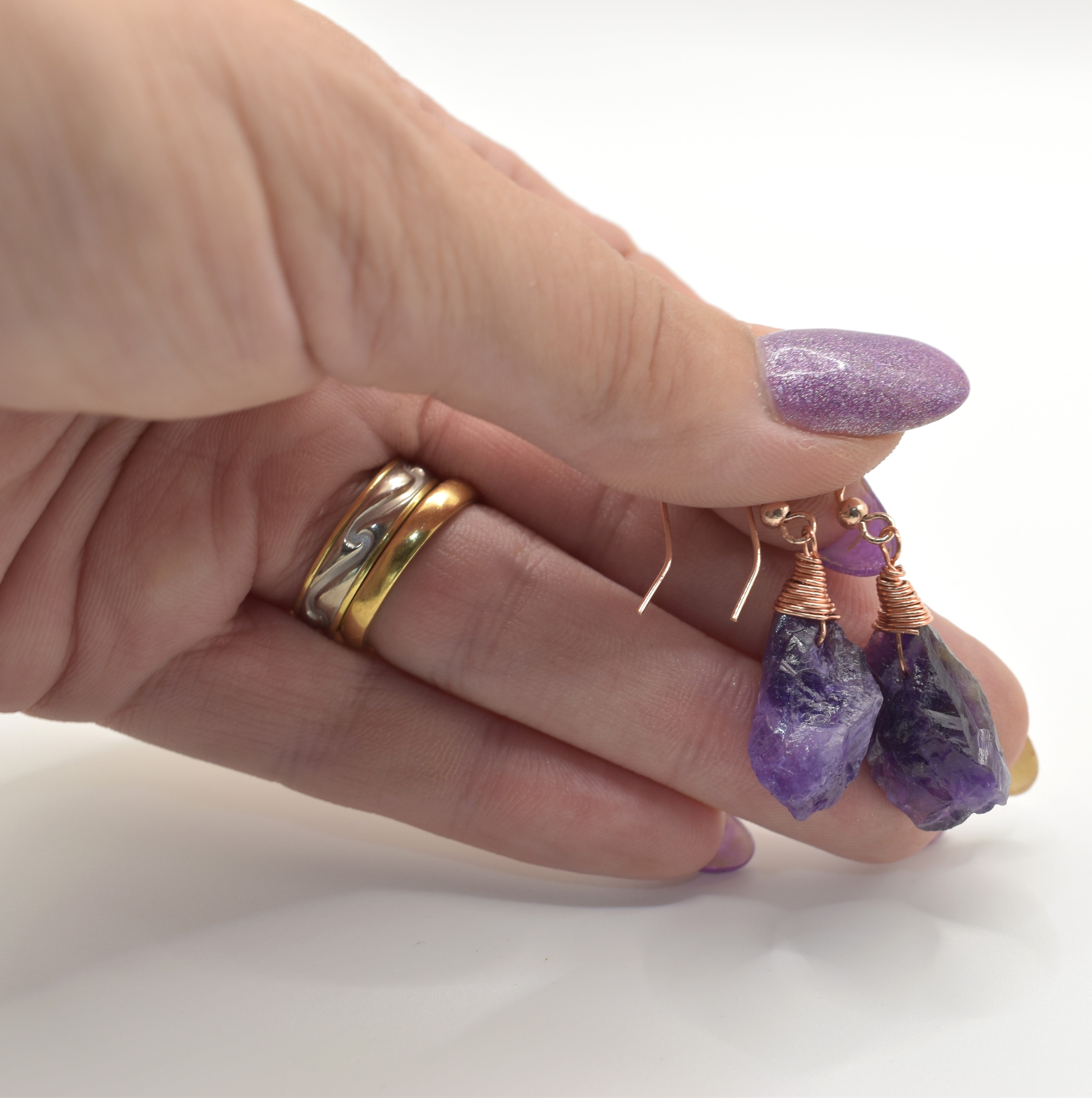 Amara Earrings - Natural Raw Amethyst Wrapped in Copper