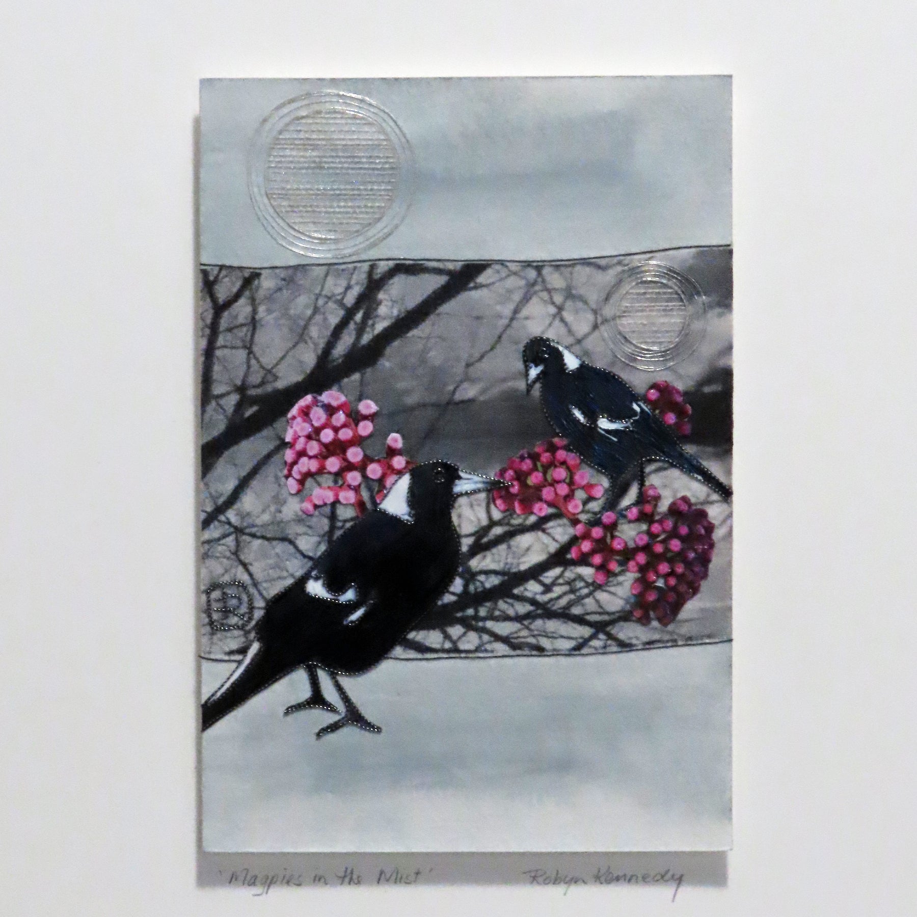Unframed Collage Art - Magpies & Pink Flowers