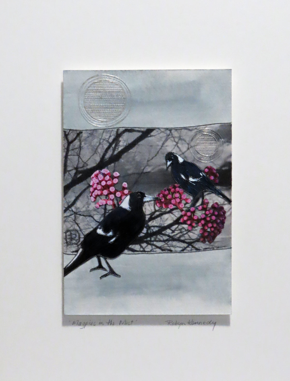 Unframed Collage Art - Magpies & Pink Flowers