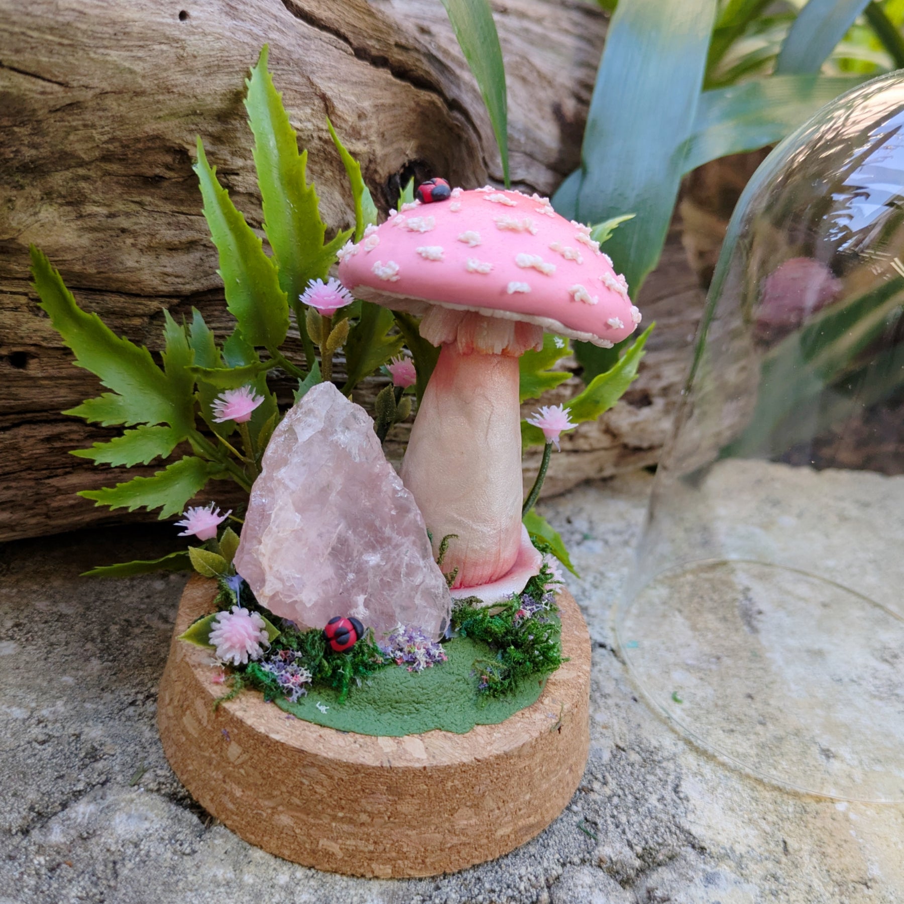 Enchanted Pink Mushroom & Rose Quartz Dome