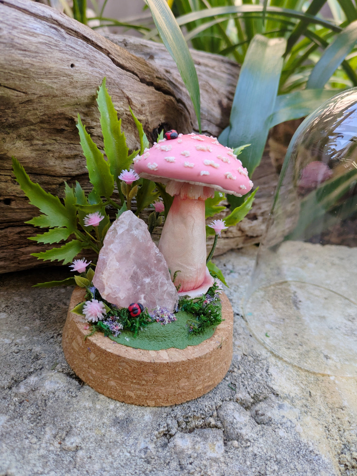 Enchanted Pink Mushroom & Rose Quartz Dome