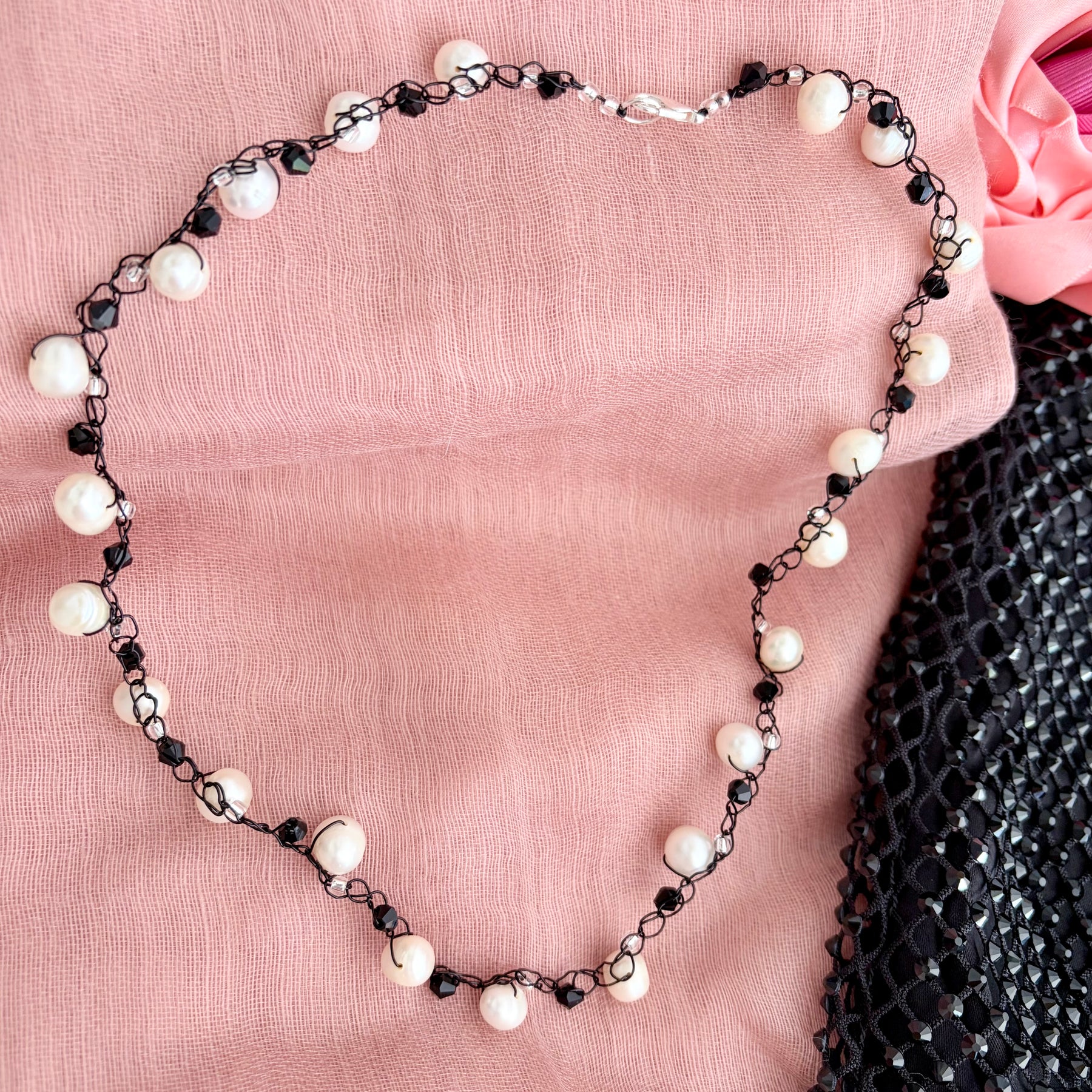 “Black & White” Pearls Crochet Choker
