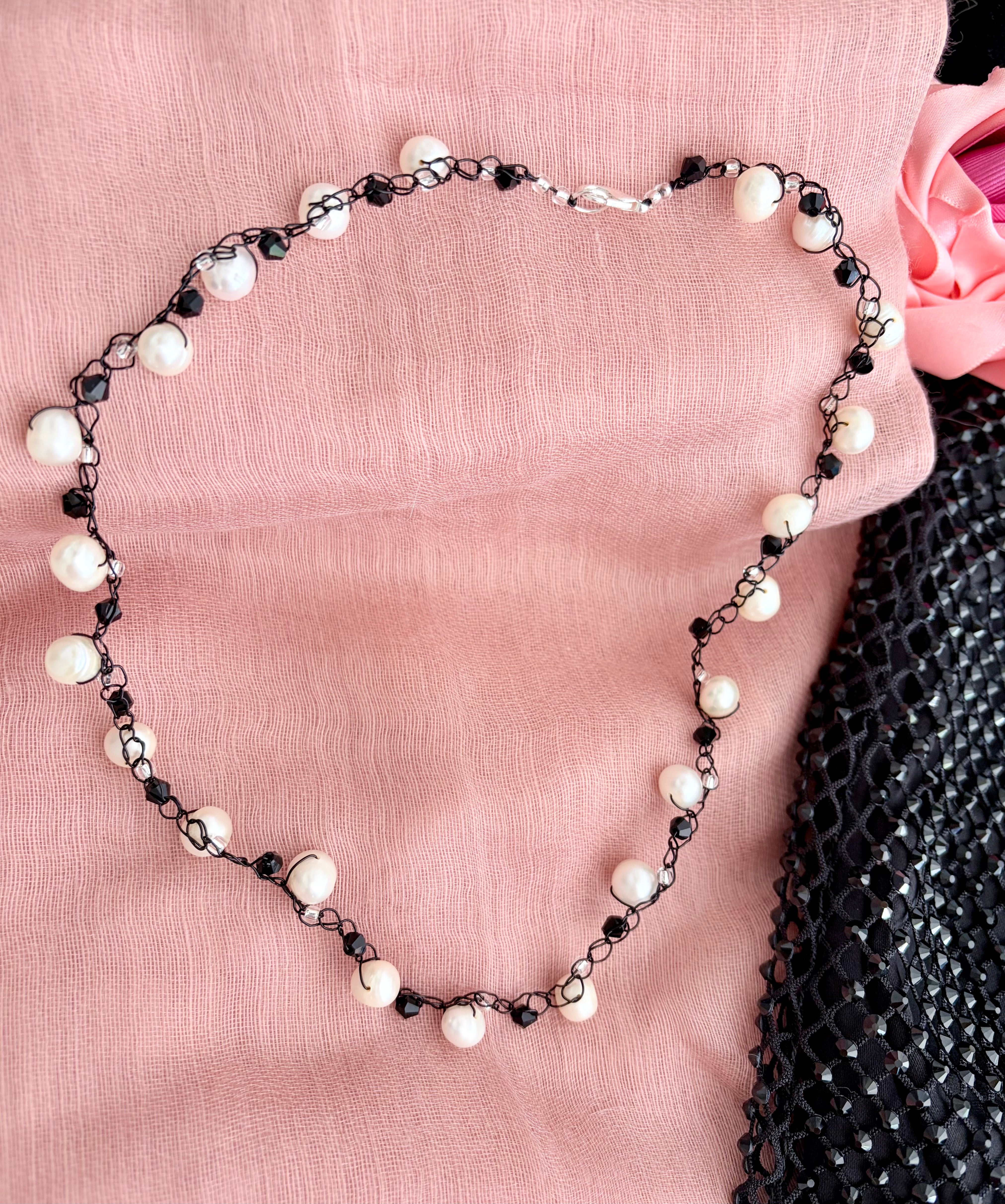 “Black & White” Pearls Crochet Choker