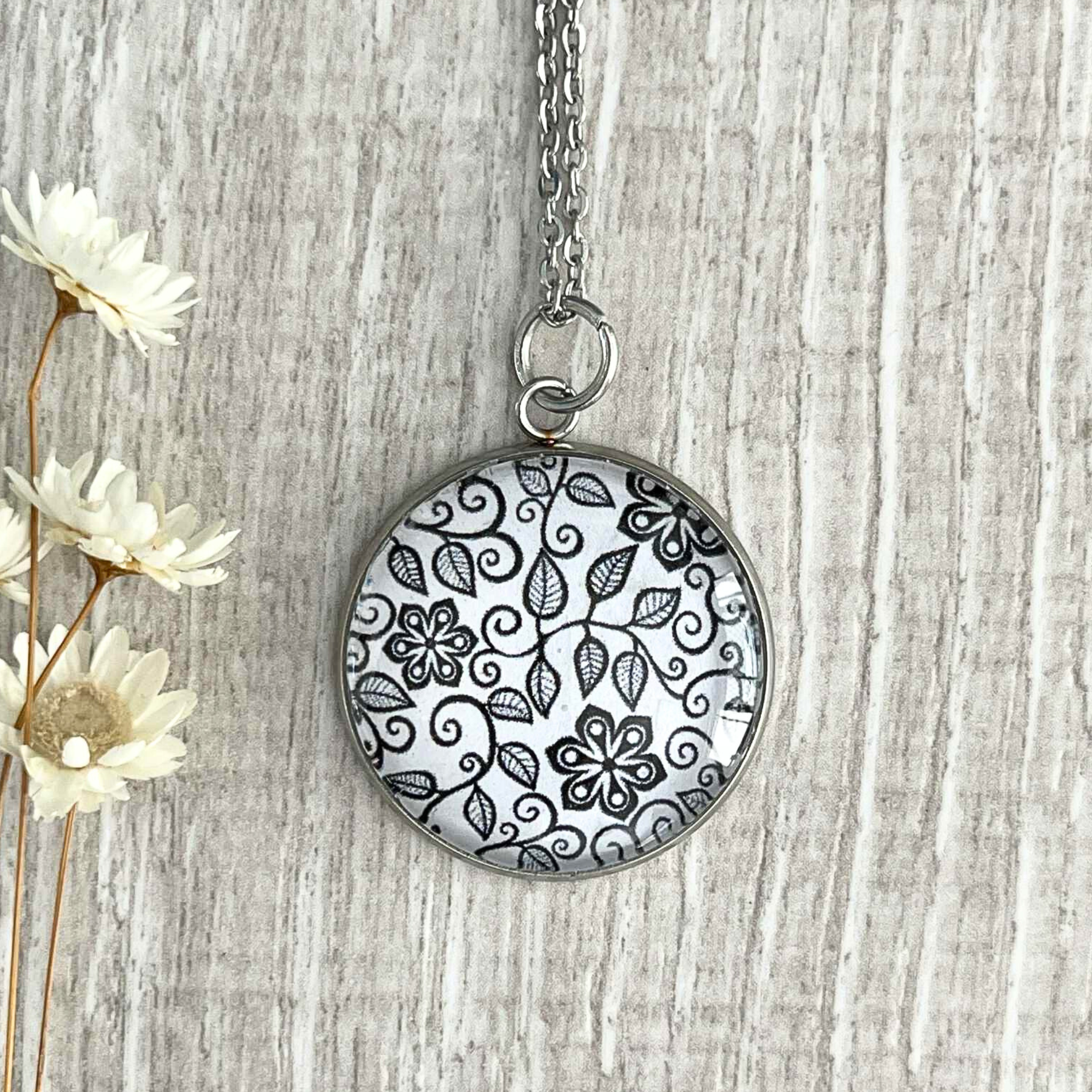 Handmade Black & White Botanical Pendant • Simple & Delicate Design
