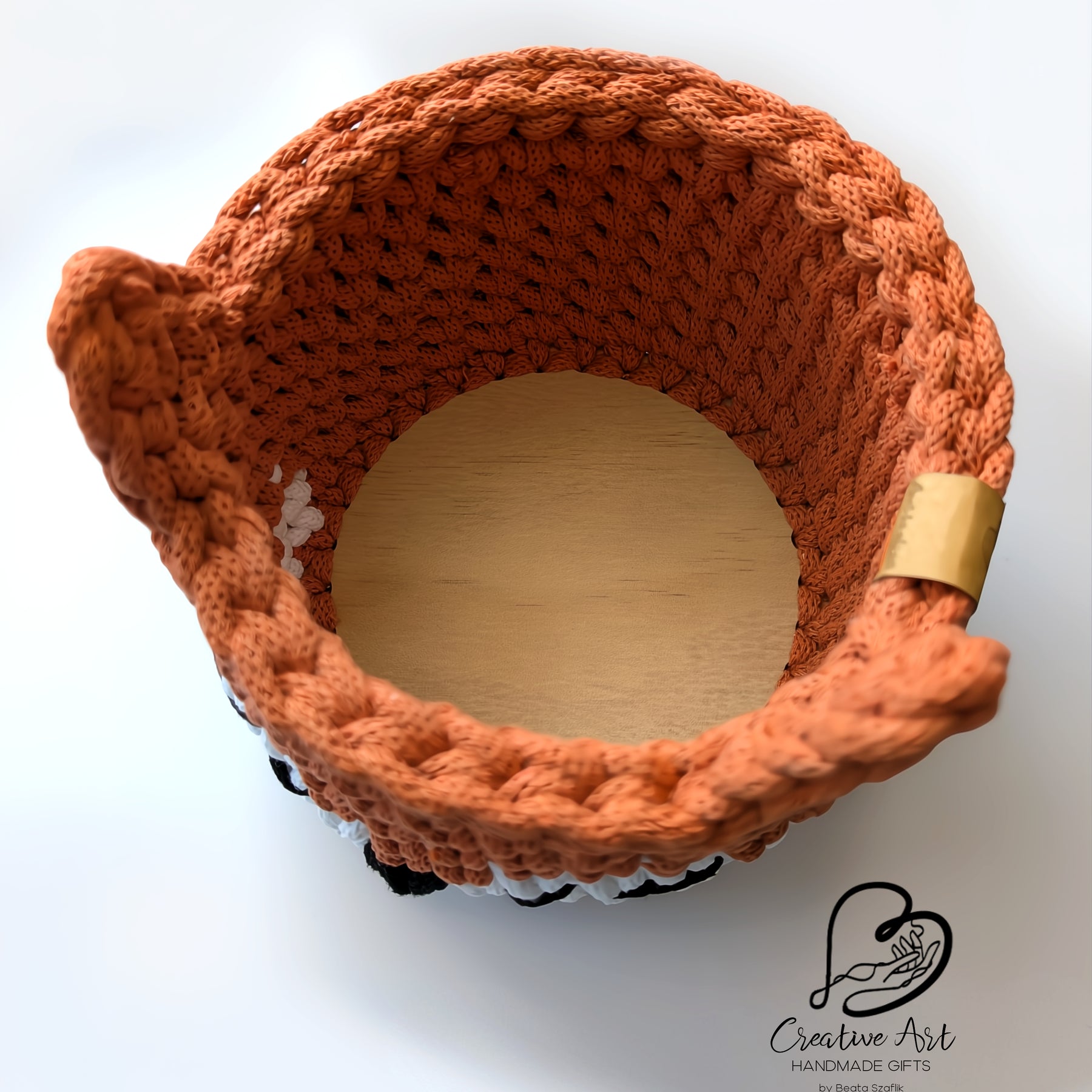 Fox Crochet Basket on wooden base