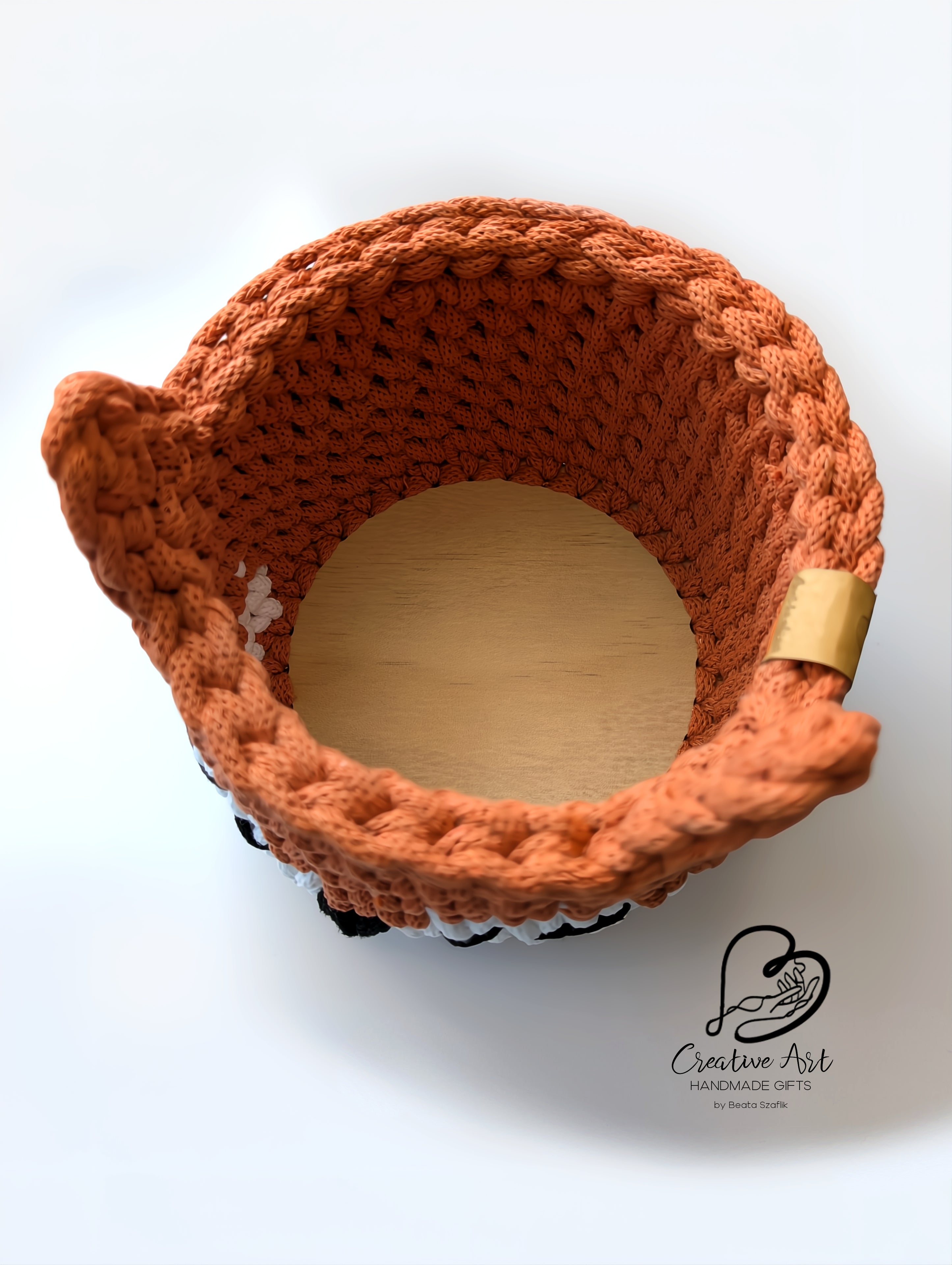 Fox Crochet Basket on wooden base