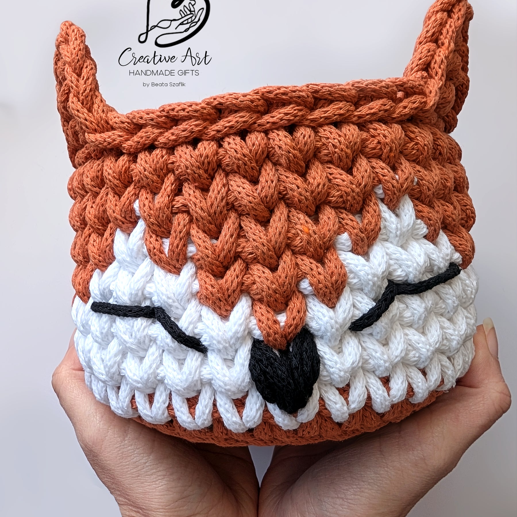 Fox Crochet Basket on wooden base