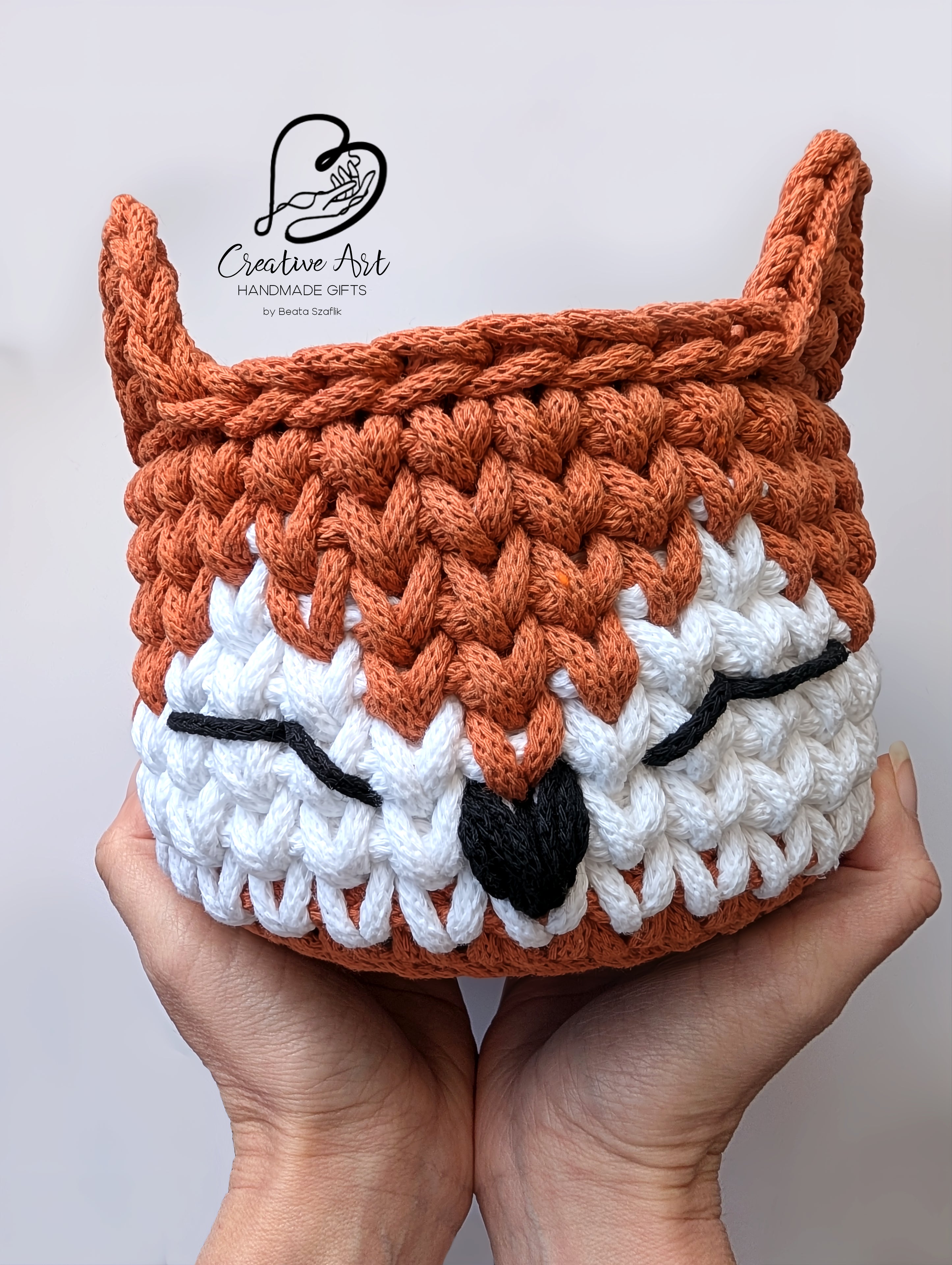 Fox Crochet Basket on wooden base