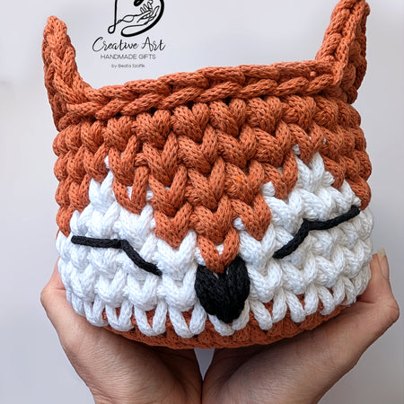 Fox Crochet Basket on wooden base