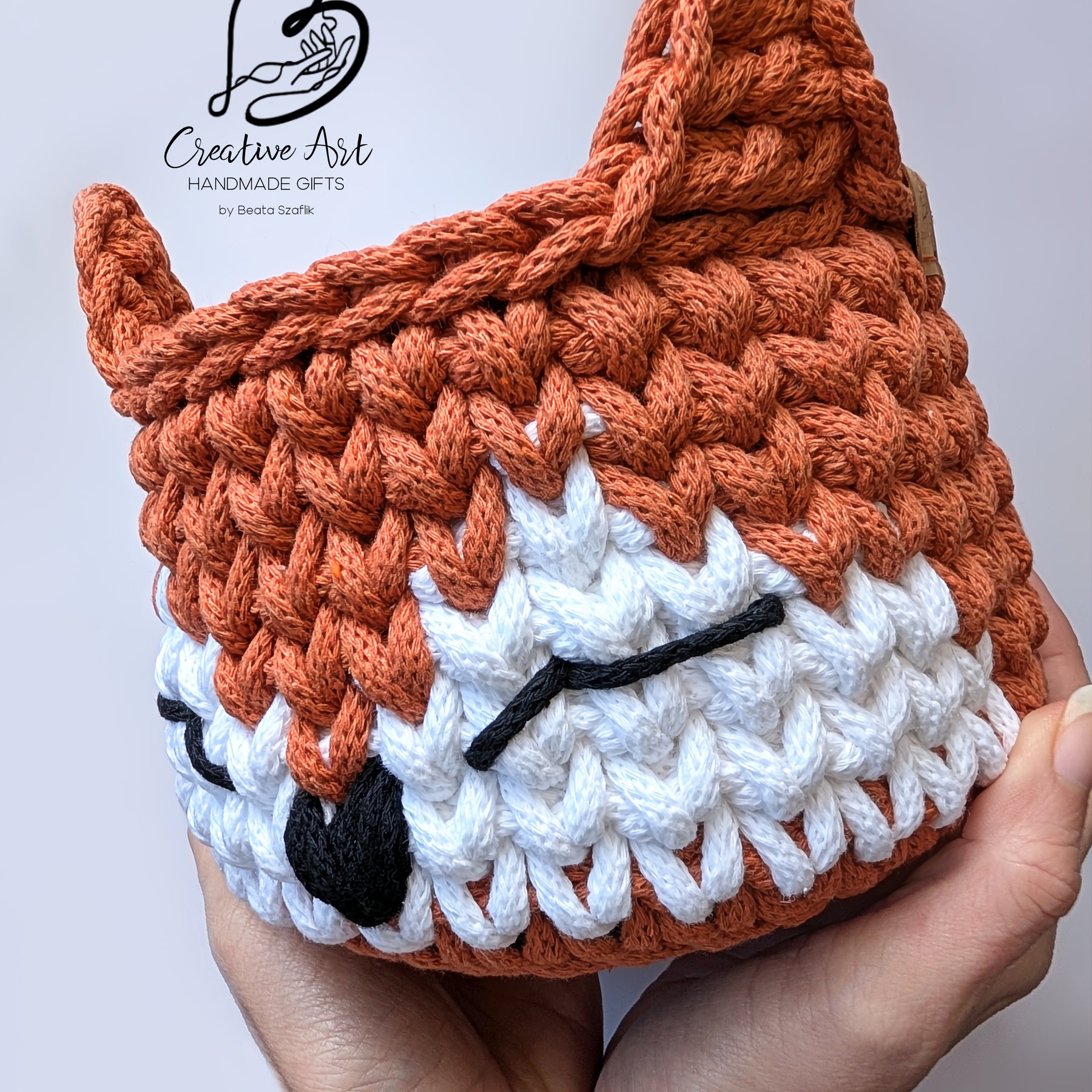 Fox Crochet Basket on wooden base