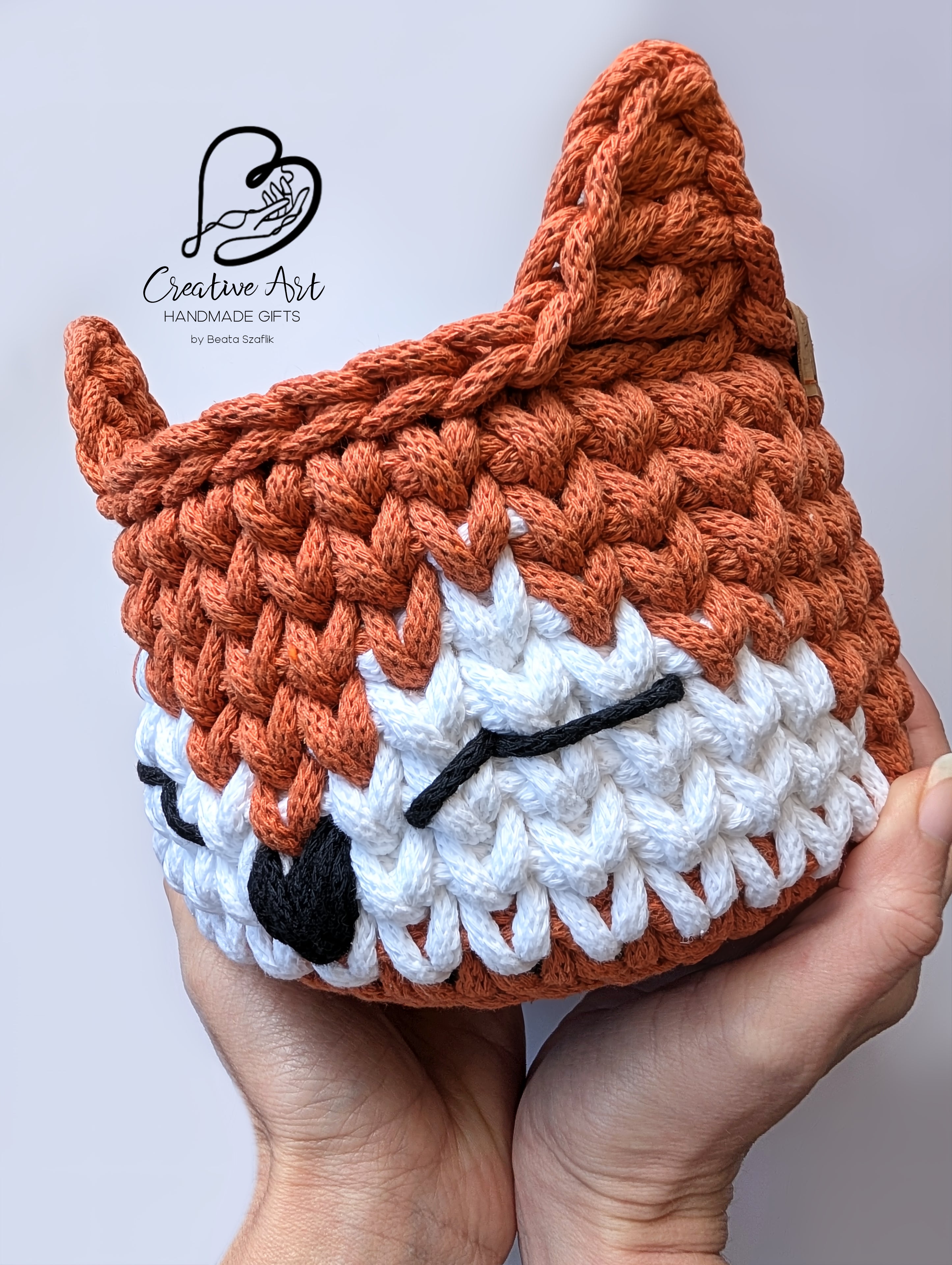 Fox Crochet Basket on wooden base