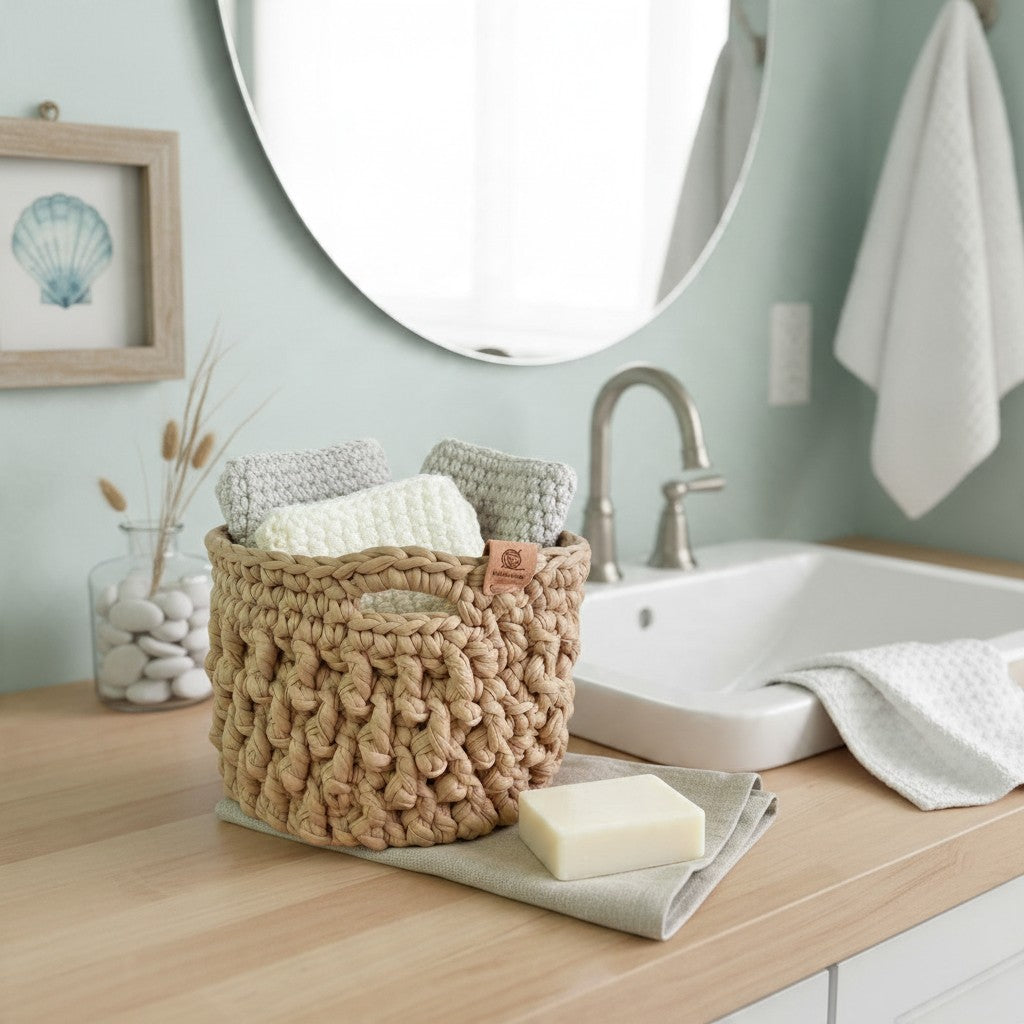 Crochet Storage Basket, Coastal Home Decor, Bathroom Storage, Nursery Organiser