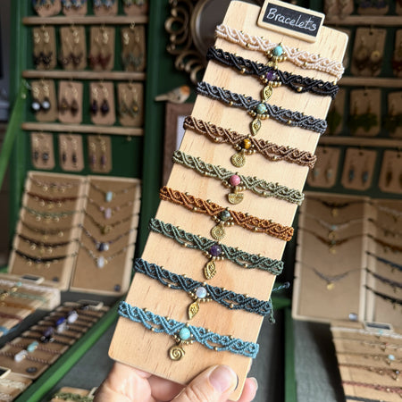 Micro Macrame Boho Bracelet with gemstone bead and brass charms
