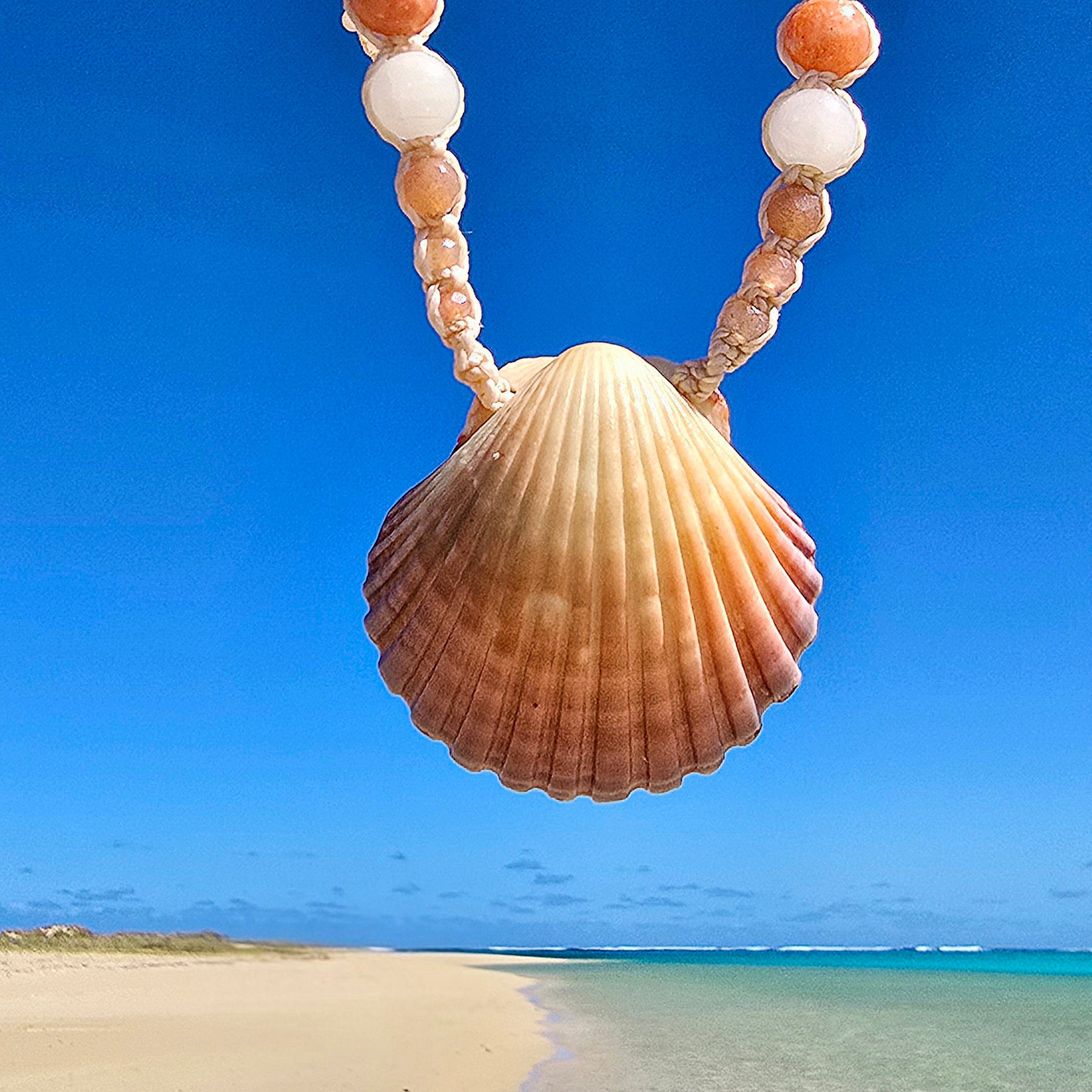 Scallop Shell Necklace with Peach Calcite, Rose Quartz, Sunstone