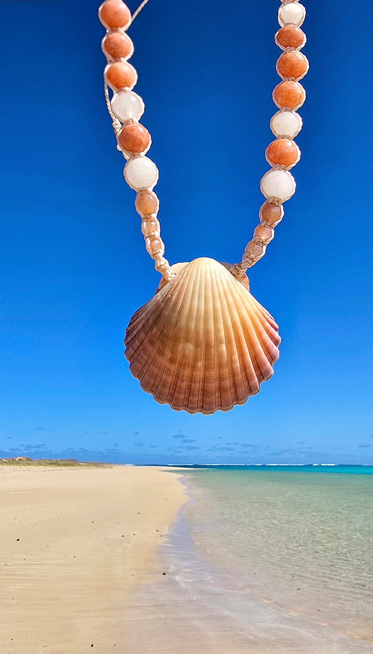 Scallop Shell Necklace with Peach Calcite, Rose Quartz, Sunstone