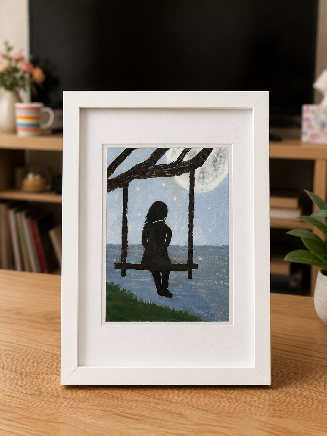Moonlit Stillness – Hand-Painted Pastel Girl on Swing | Framed Night Artwork by Lily