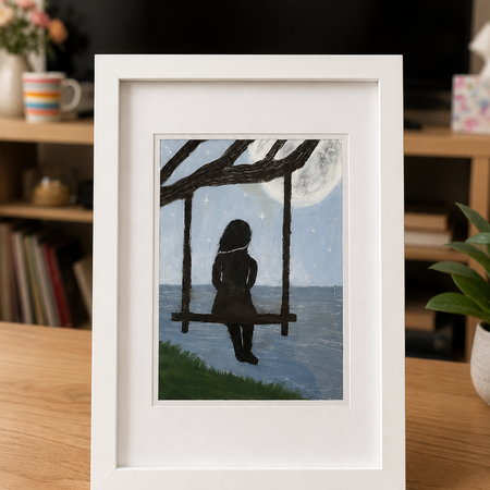 Moonlit Stillness – Hand-Painted Pastel Girl on Swing | Framed Night Artwork by Lily