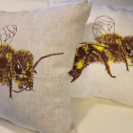 Hand Screen Printed Honey Bee- White French Linen or Oatmeal cushion covers