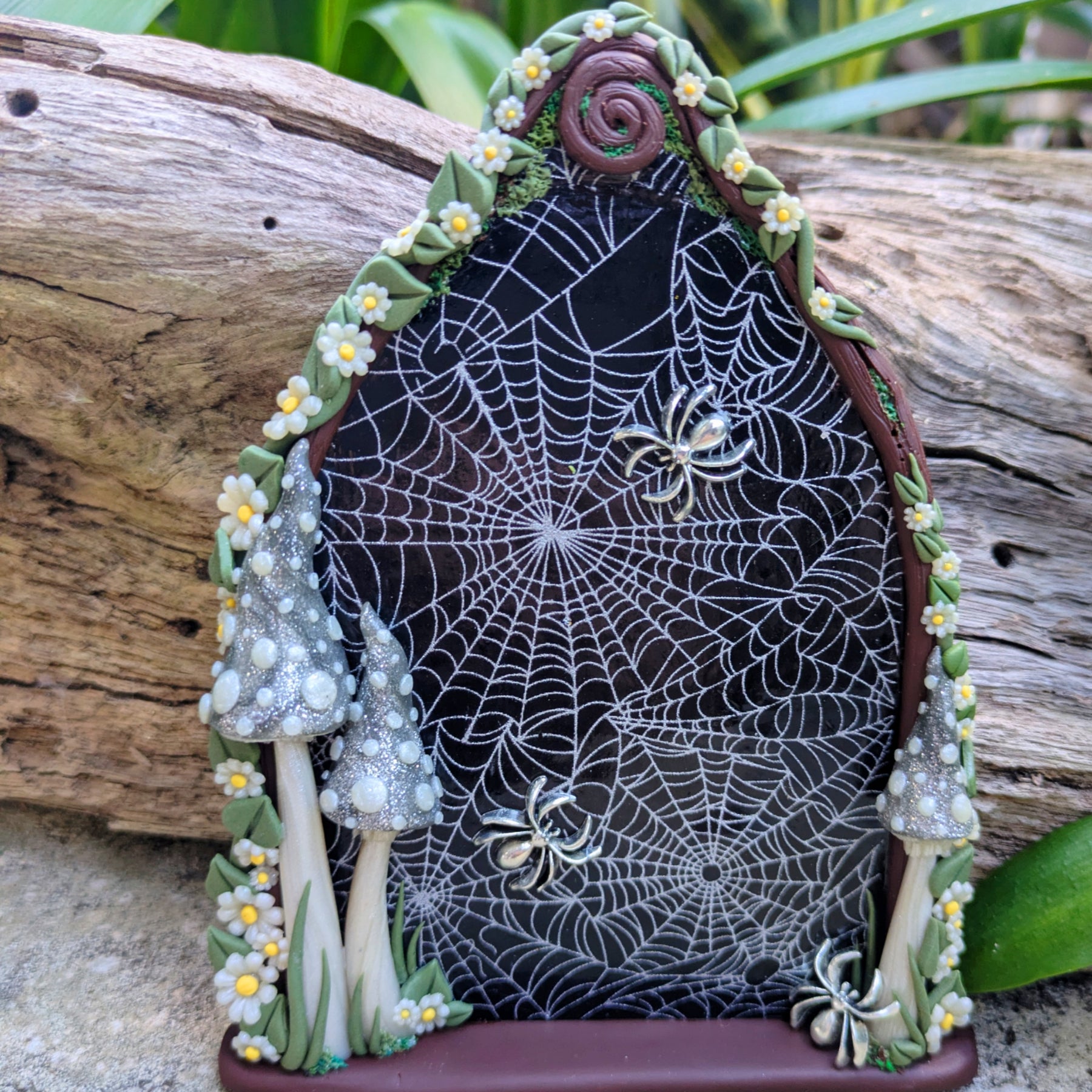 Spiderweb Forest Fairy door with glow in the dark mushrooms