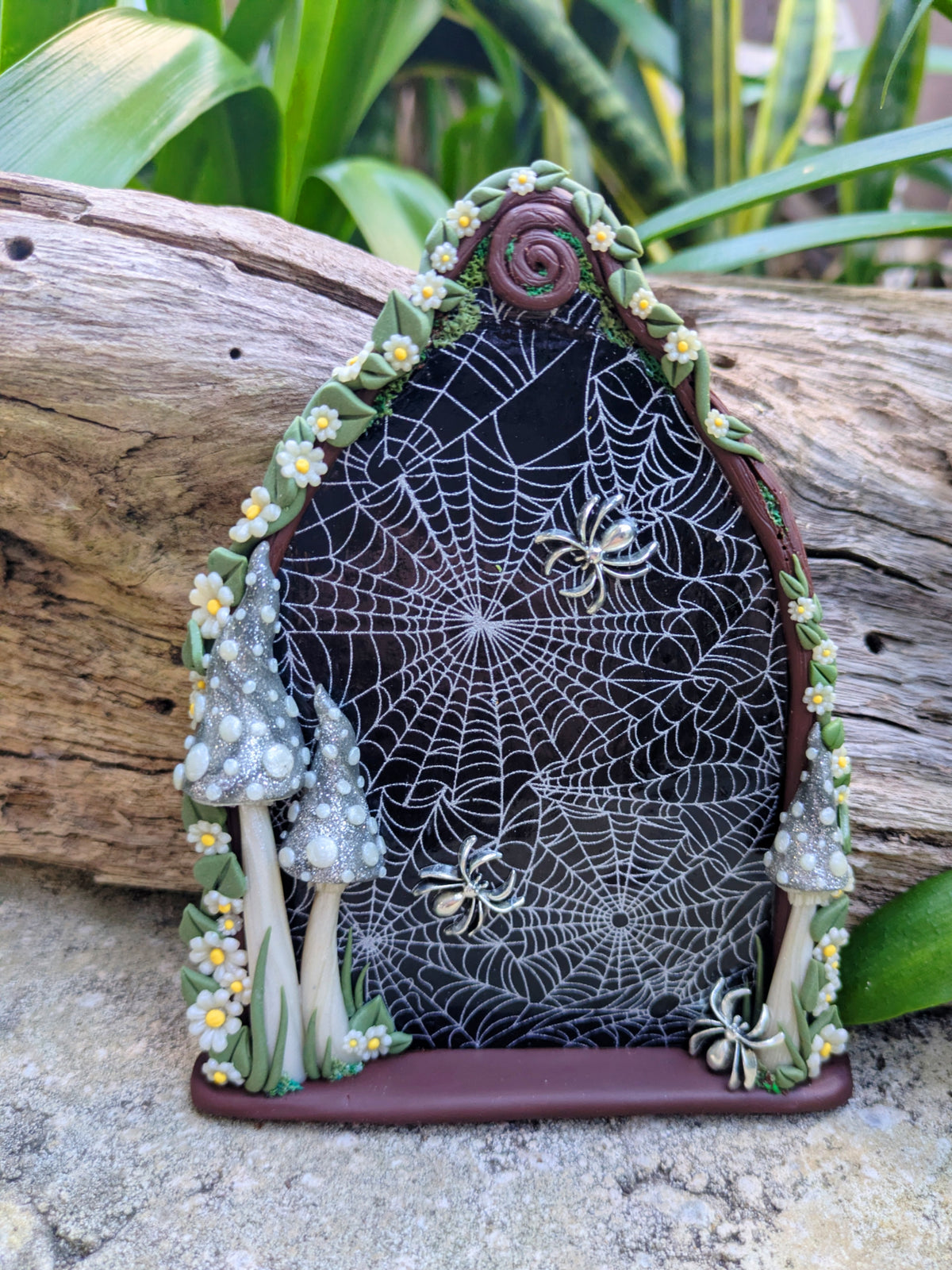 Spiderweb Forest Fairy door with glow in the dark mushrooms