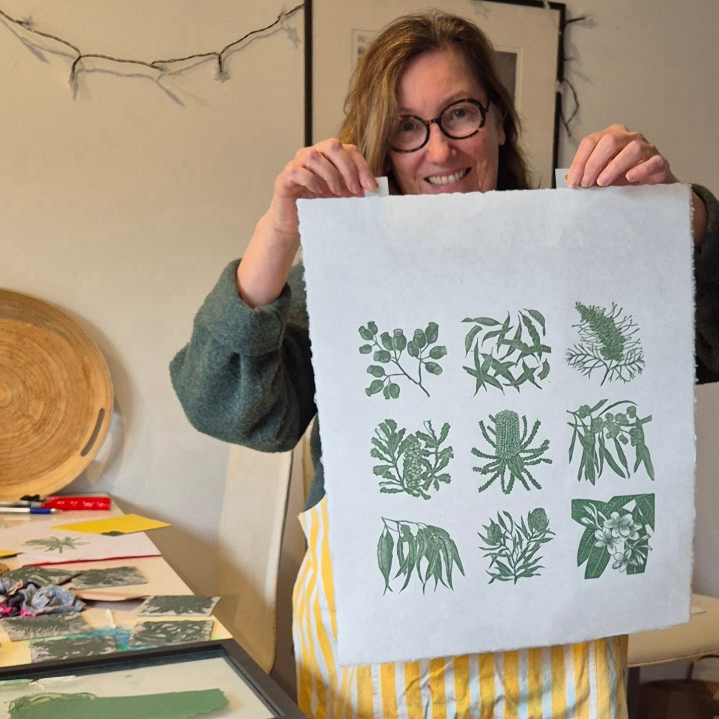 Linocut original artwork native plants green