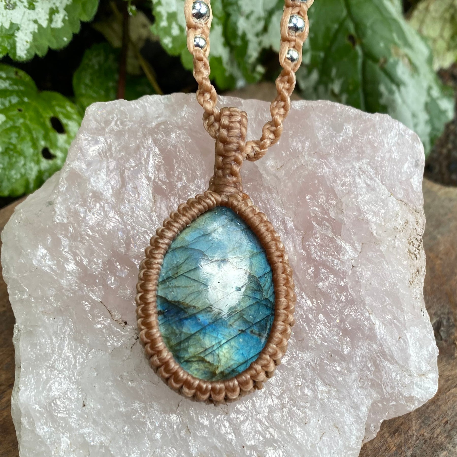 Labradorite Pendant Necklace: Beaded Macrame, Adjustable Boho Gift