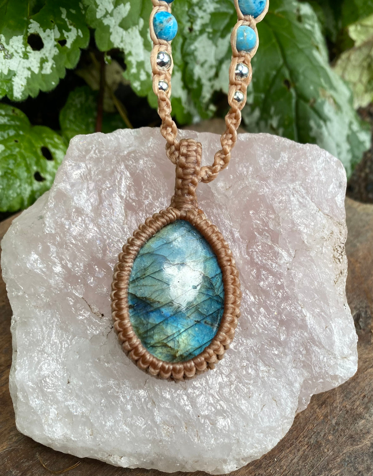 Labradorite Pendant Necklace: Beaded Macrame, Adjustable Boho Gift