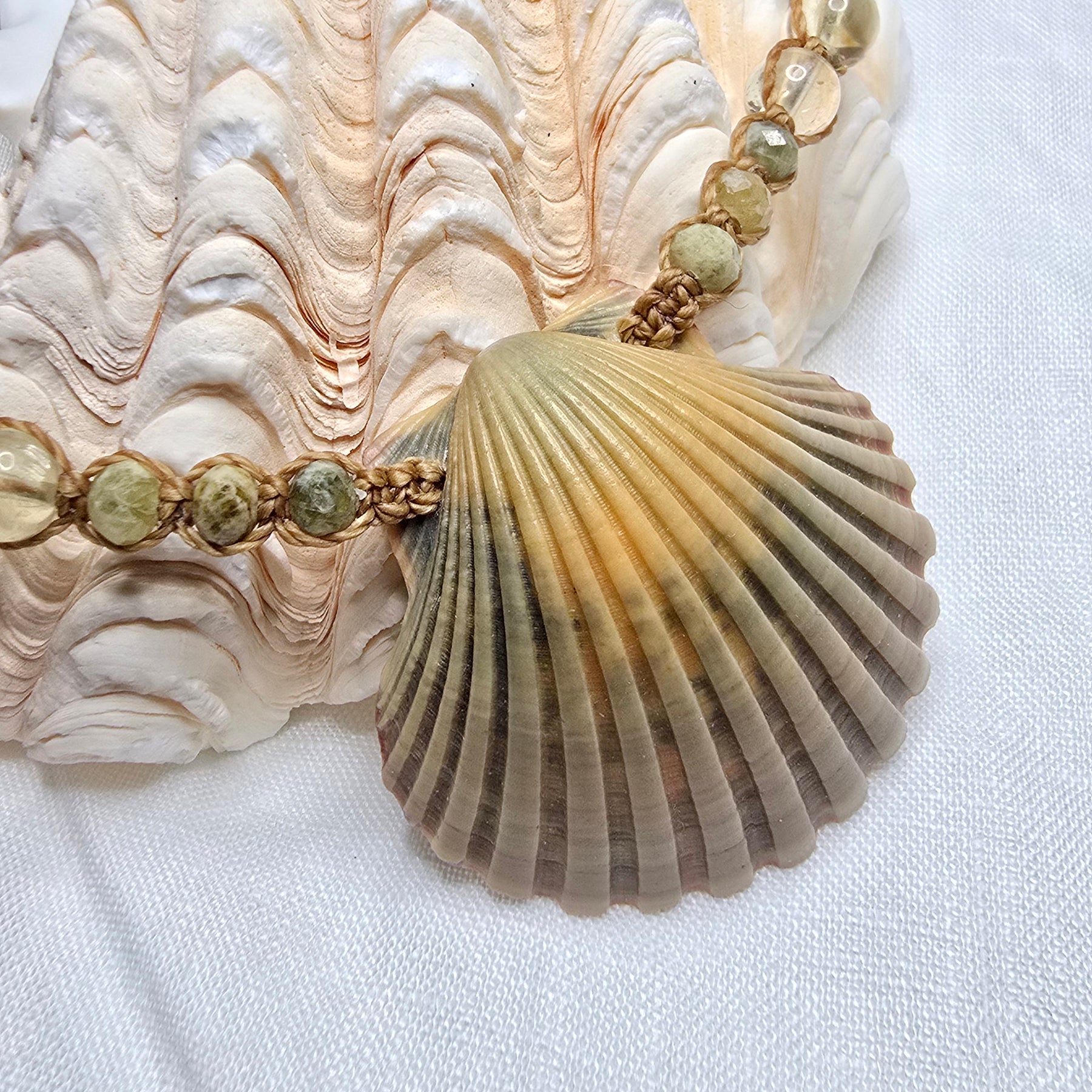 Scallop Shell Necklace with Labradorite and Yellow Opal