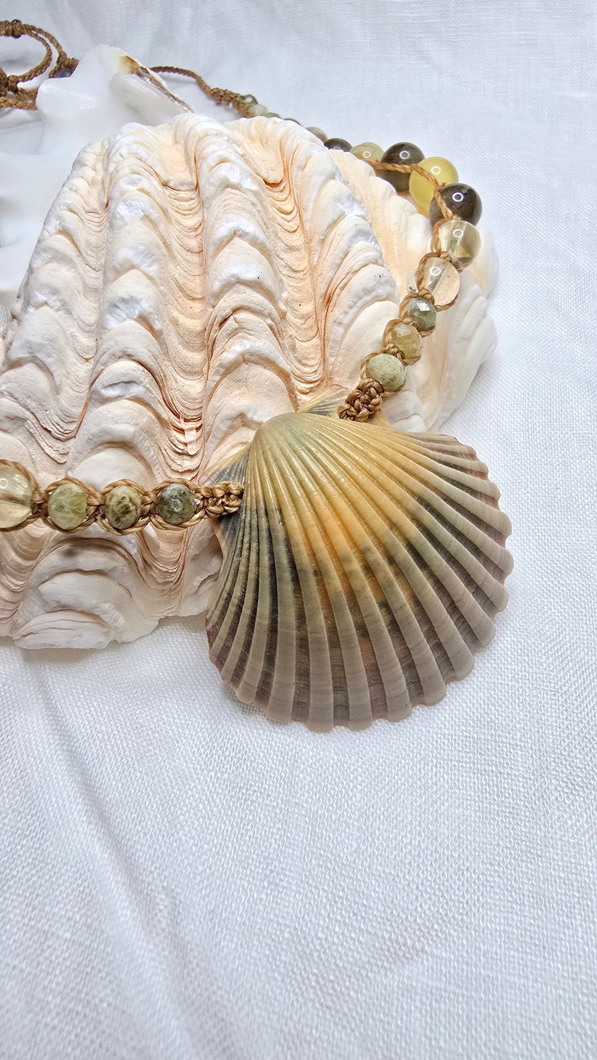 Scallop Shell Necklace with Labradorite and Yellow Opal