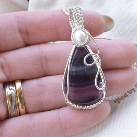 Luminous Balance – Rainbow Fluorite & Pearl Wire Wrapped Pendant